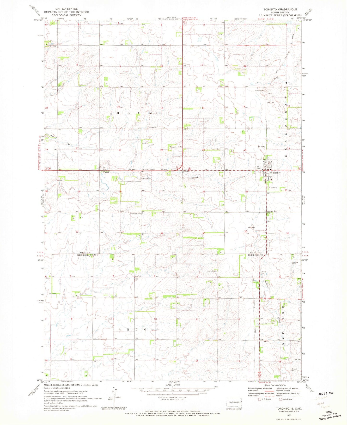 Classic USGS Toronto South Dakota 7.5'x7.5' Topo Map Image