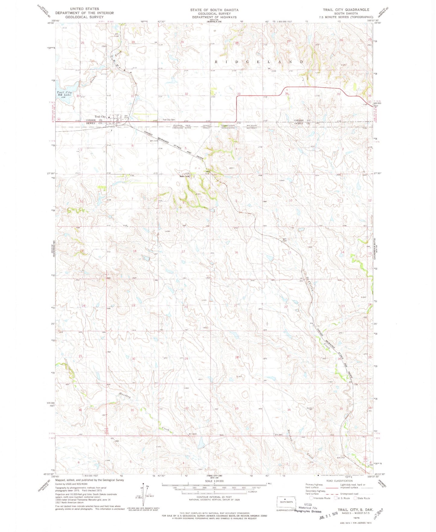 Classic USGS Trail City South Dakota 7.5'x7.5' Topo Map Image