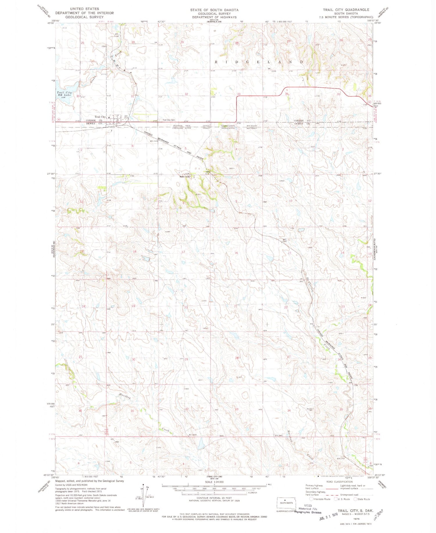Classic USGS Trail City South Dakota 7.5'x7.5' Topo Map Image