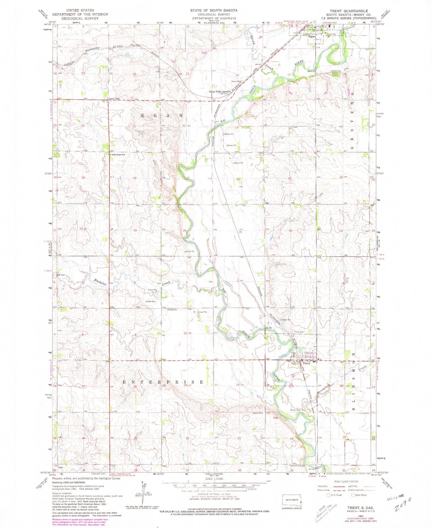 Classic USGS Trent South Dakota 7.5'x7.5' Topo Map Image