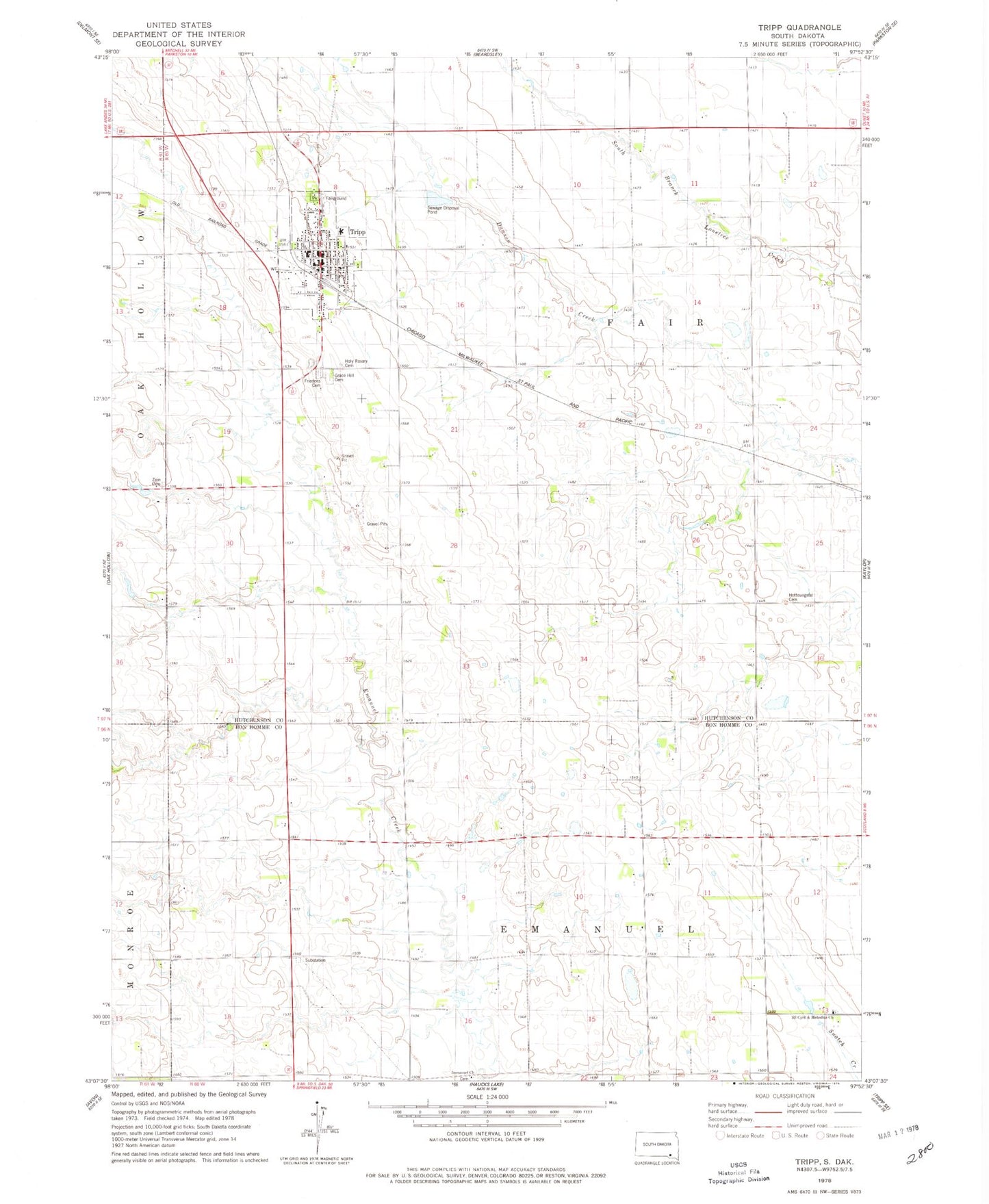 Classic USGS Tripp South Dakota 7.5'x7.5' Topo Map Image