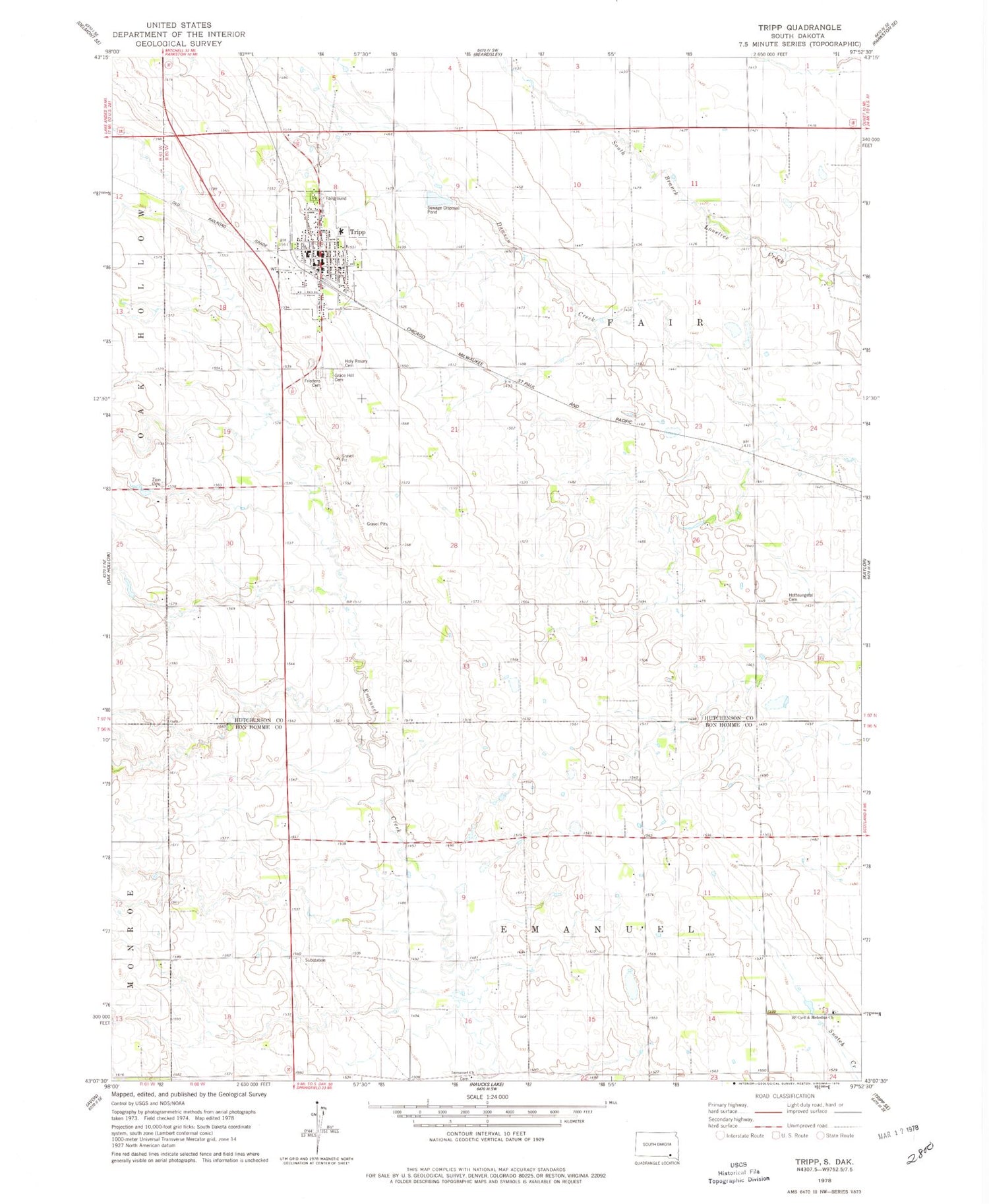 Classic USGS Tripp South Dakota 7.5'x7.5' Topo Map Image