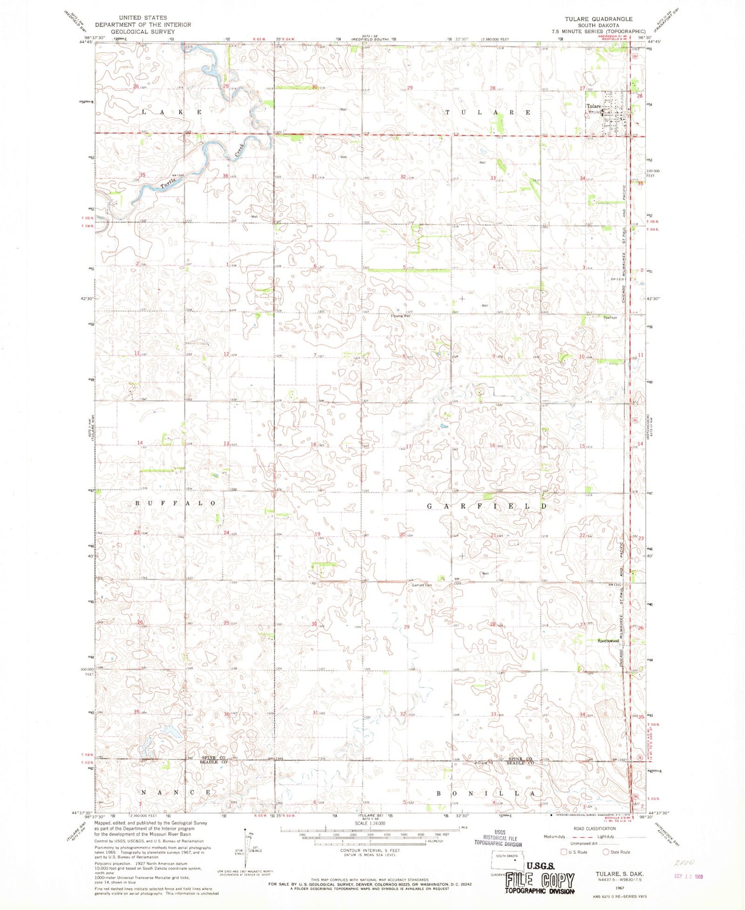 Classic USGS Tulare South Dakota 7.5'x7.5' Topo Map Image