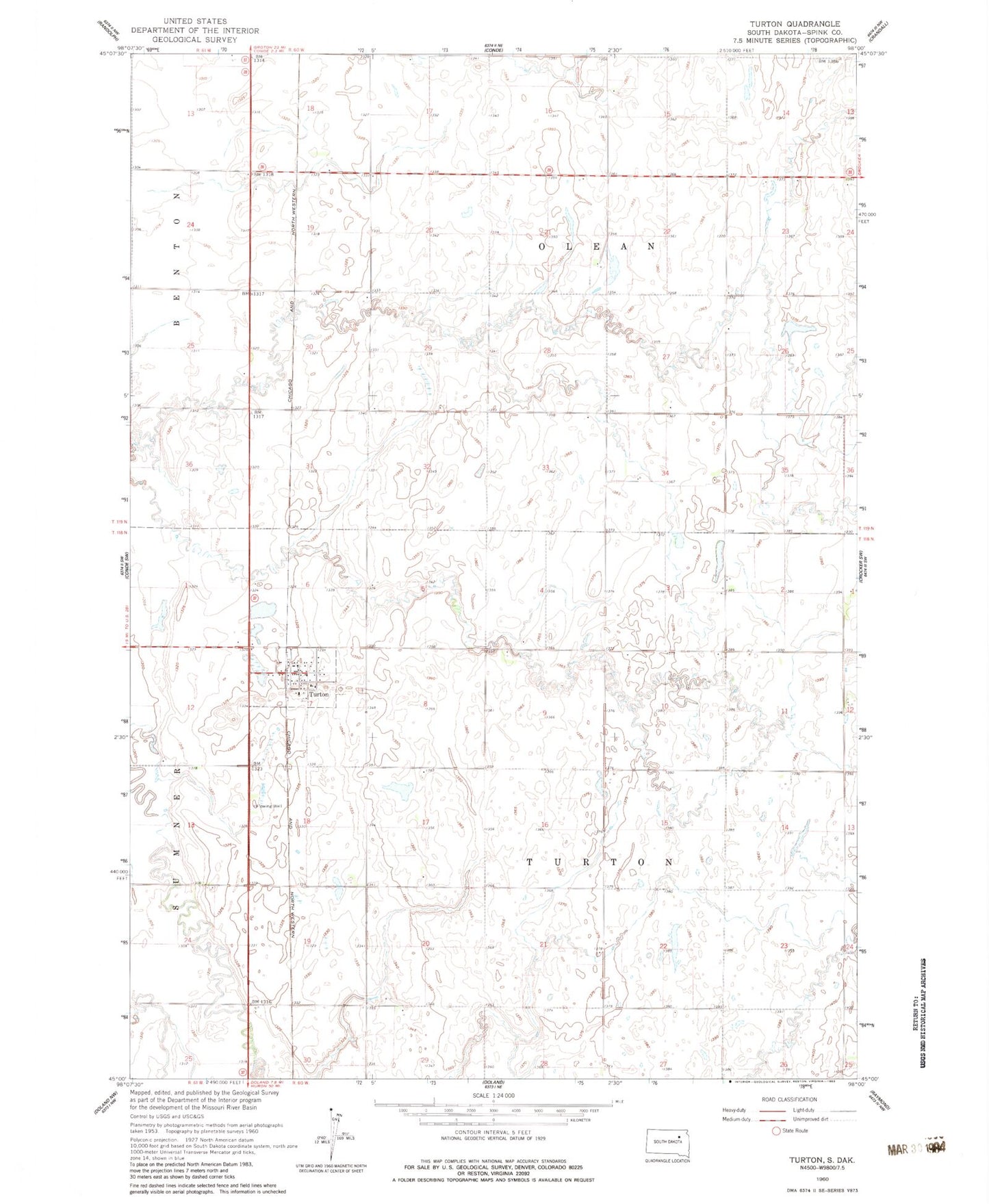 Classic USGS Turton South Dakota 7.5'x7.5' Topo Map Image