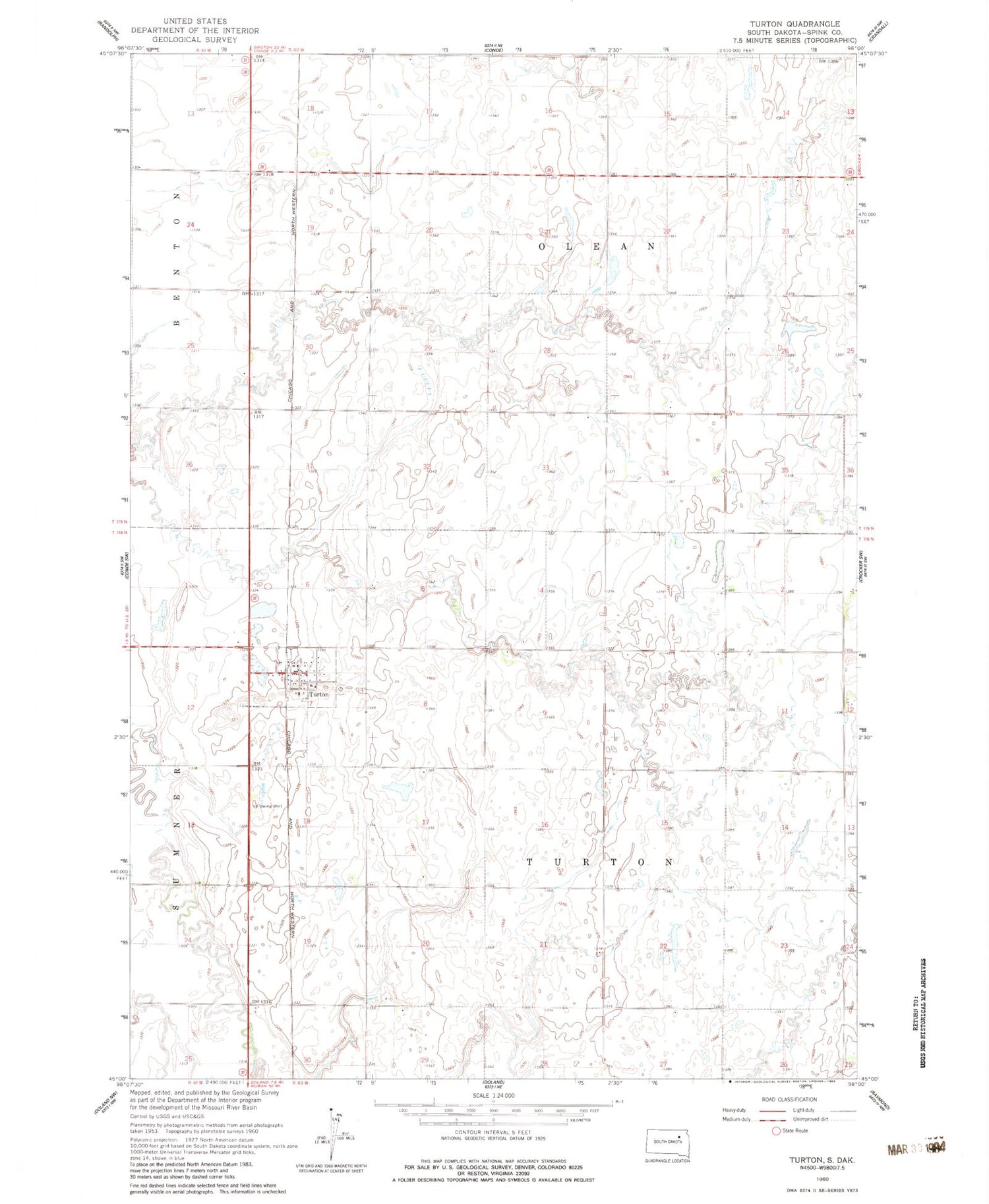 Classic USGS Turton South Dakota 7.5'x7.5' Topo Map Image