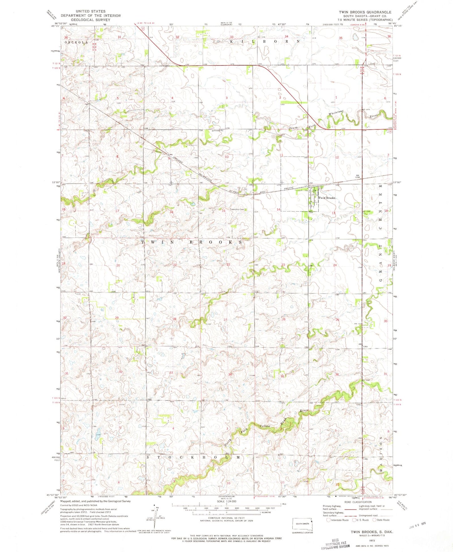 Classic USGS Twin Brooks South Dakota 7.5'x7.5' Topo Map Image