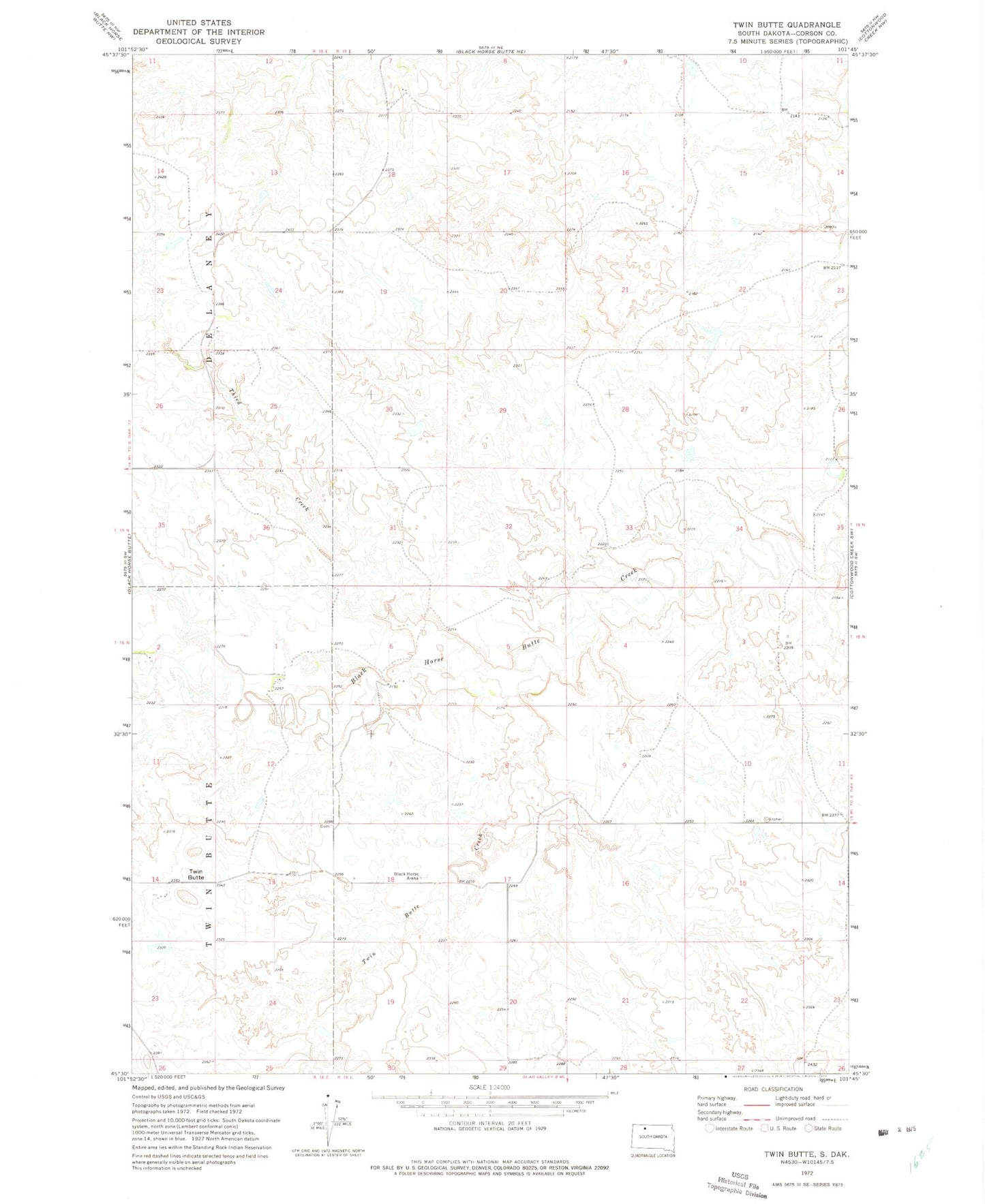 Classic USGS Twin Butte South Dakota 7.5'x7.5' Topo Map Image