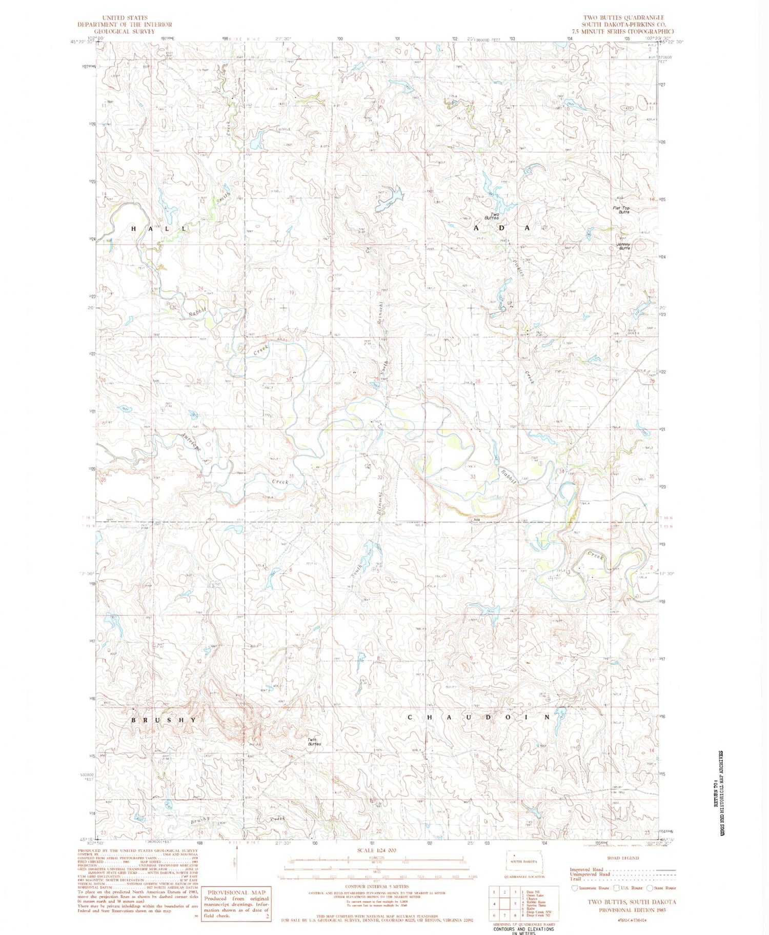 Classic USGS Two Buttes South Dakota 7.5'x7.5' Topo Map Image