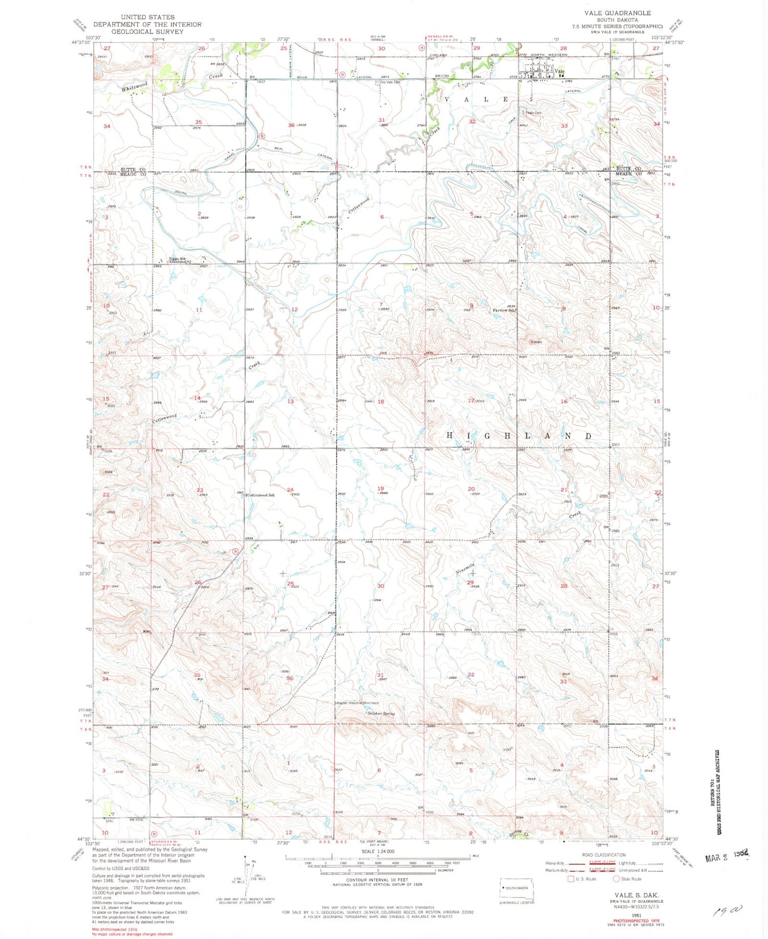 Classic USGS Vale South Dakota 7.5'x7.5' Topo Map Image