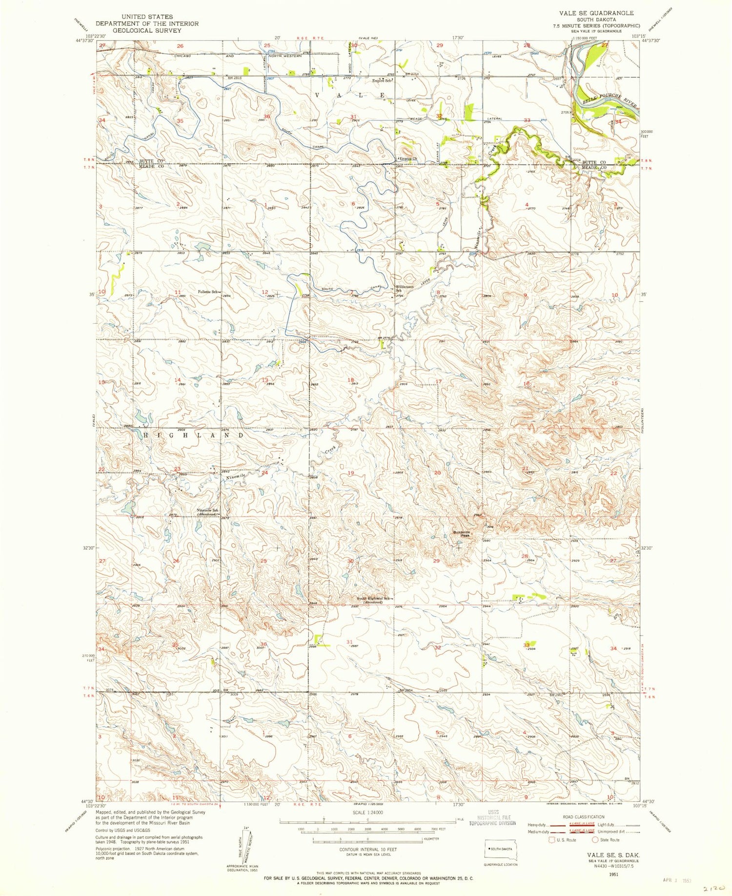 Classic USGS Vale SE South Dakota 7.5'x7.5' Topo Map Image
