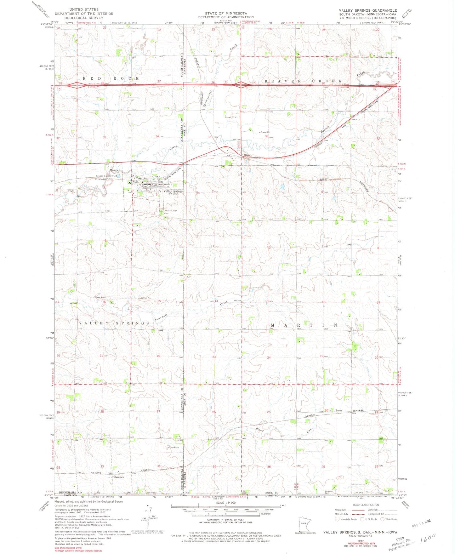 Classic USGS Valley Springs South Dakota 7.5'x7.5' Topo Map Image