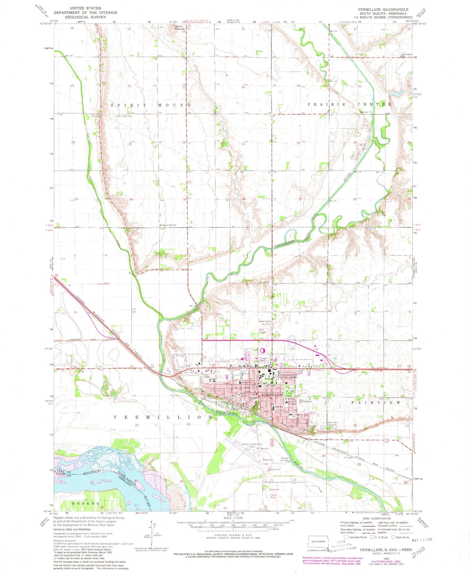 Classic USGS Vermillion South Dakota 7.5'x7.5' Topo Map Image