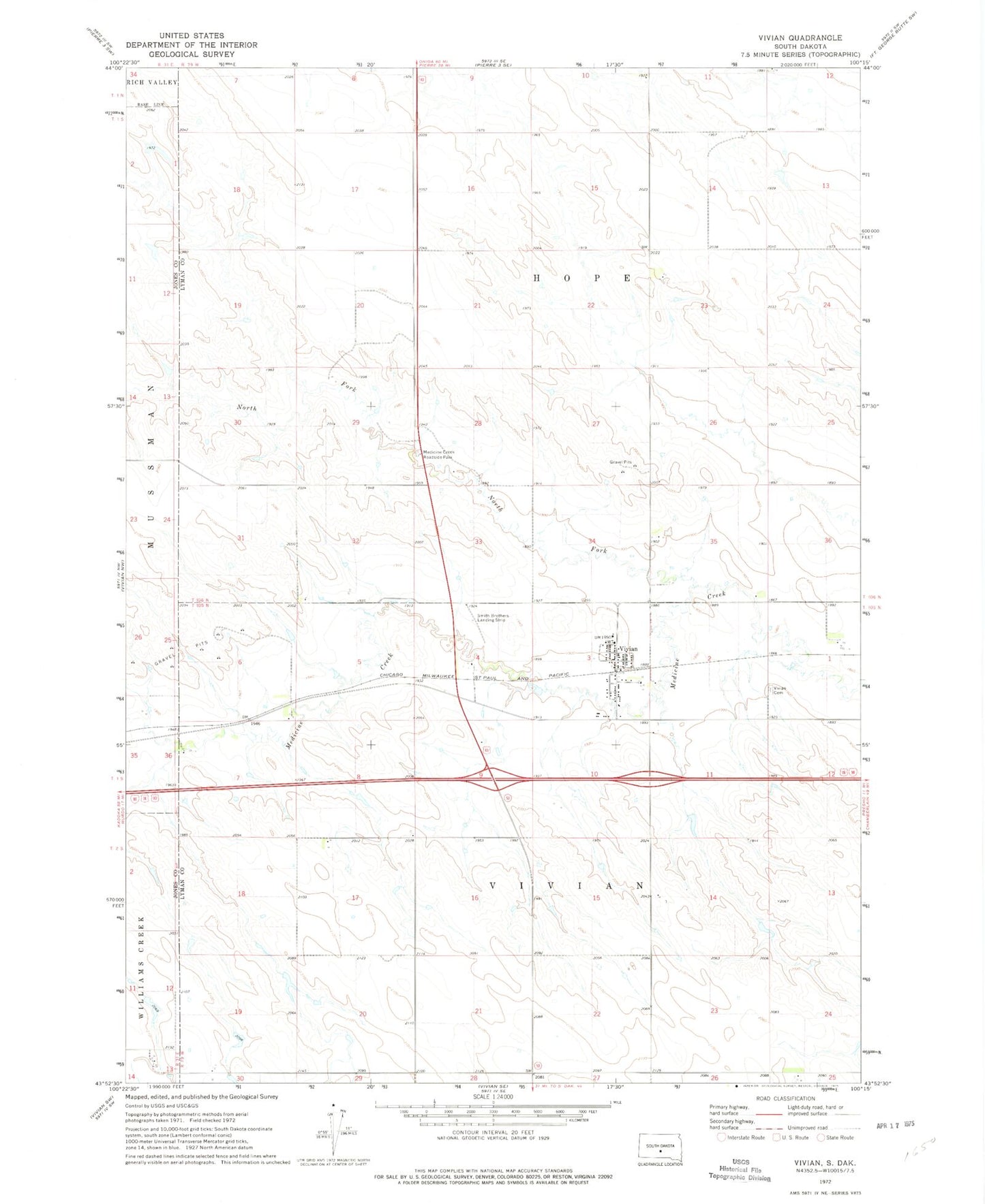 Classic USGS Vivian South Dakota 7.5'x7.5' Topo Map Image