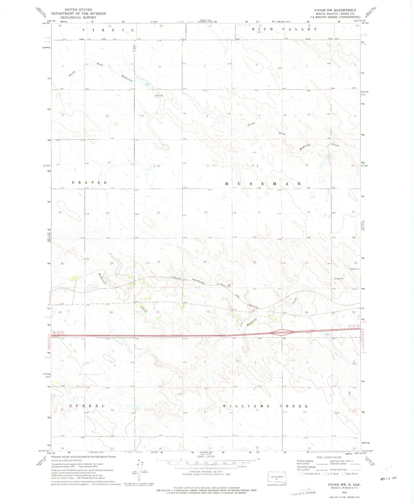 Classic USGS Vivian NW South Dakota 7.5'x7.5' Topo Map Image