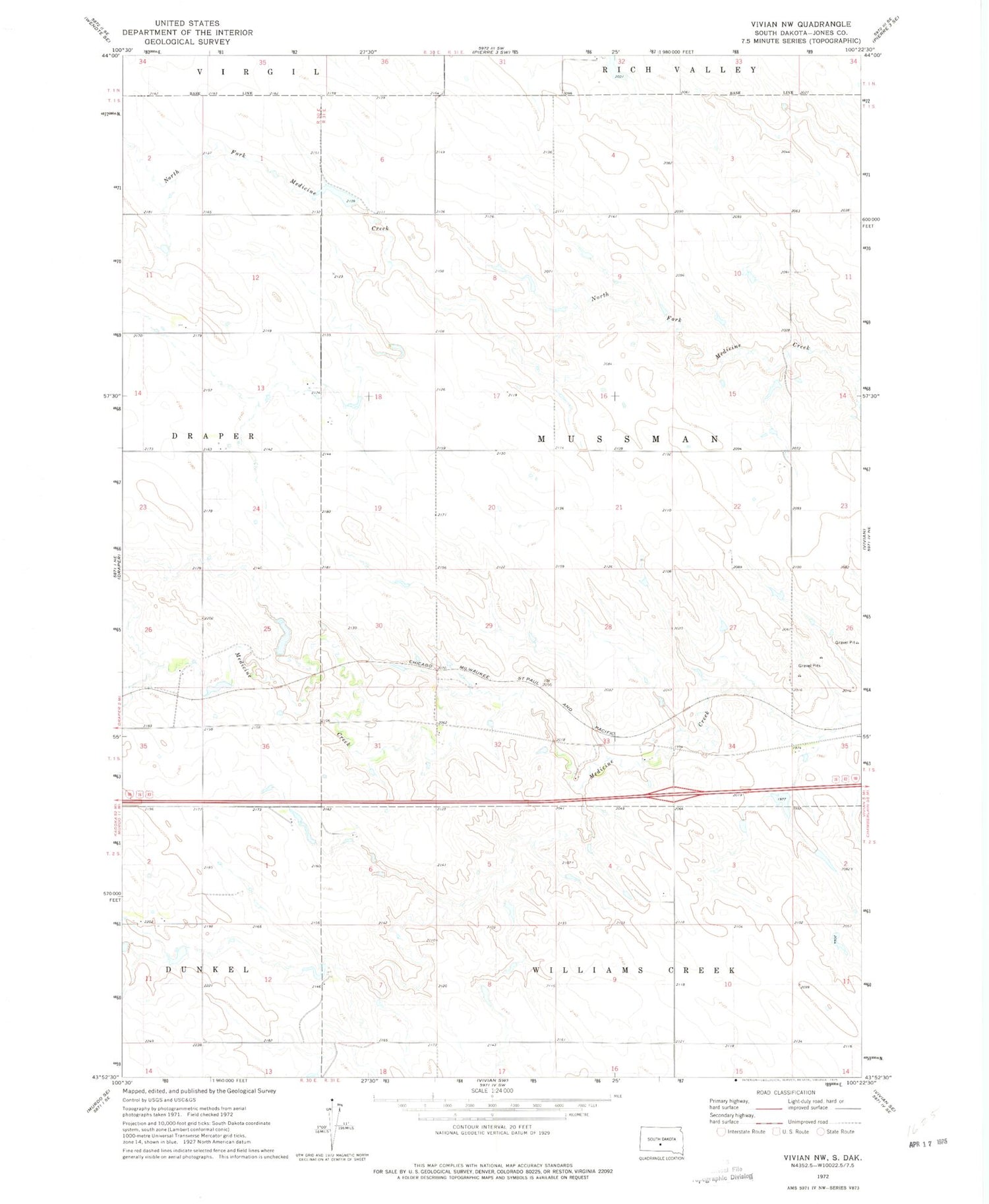 Classic USGS Vivian NW South Dakota 7.5'x7.5' Topo Map Image