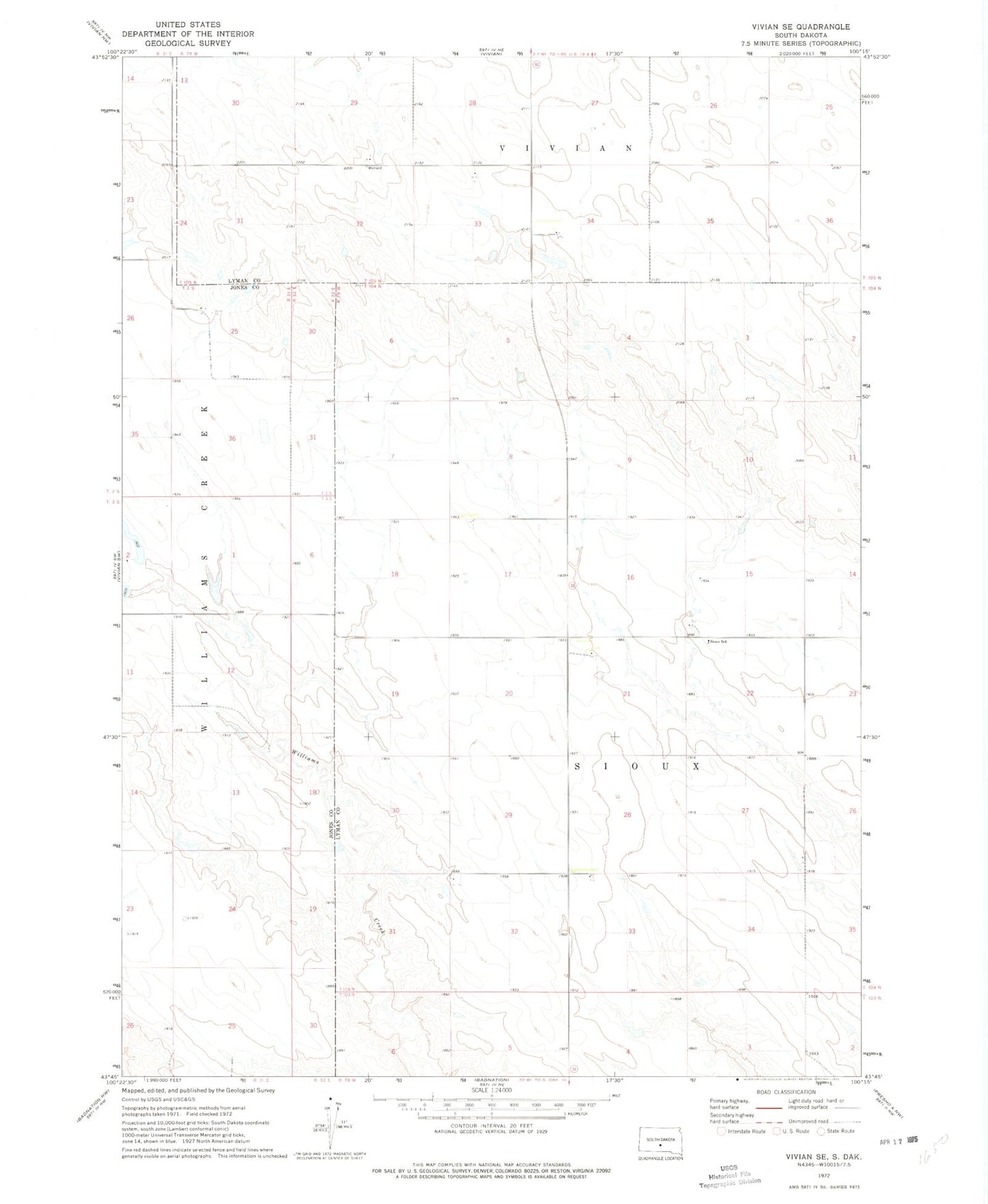 Classic USGS Vivian SE South Dakota 7.5'x7.5' Topo Map Image
