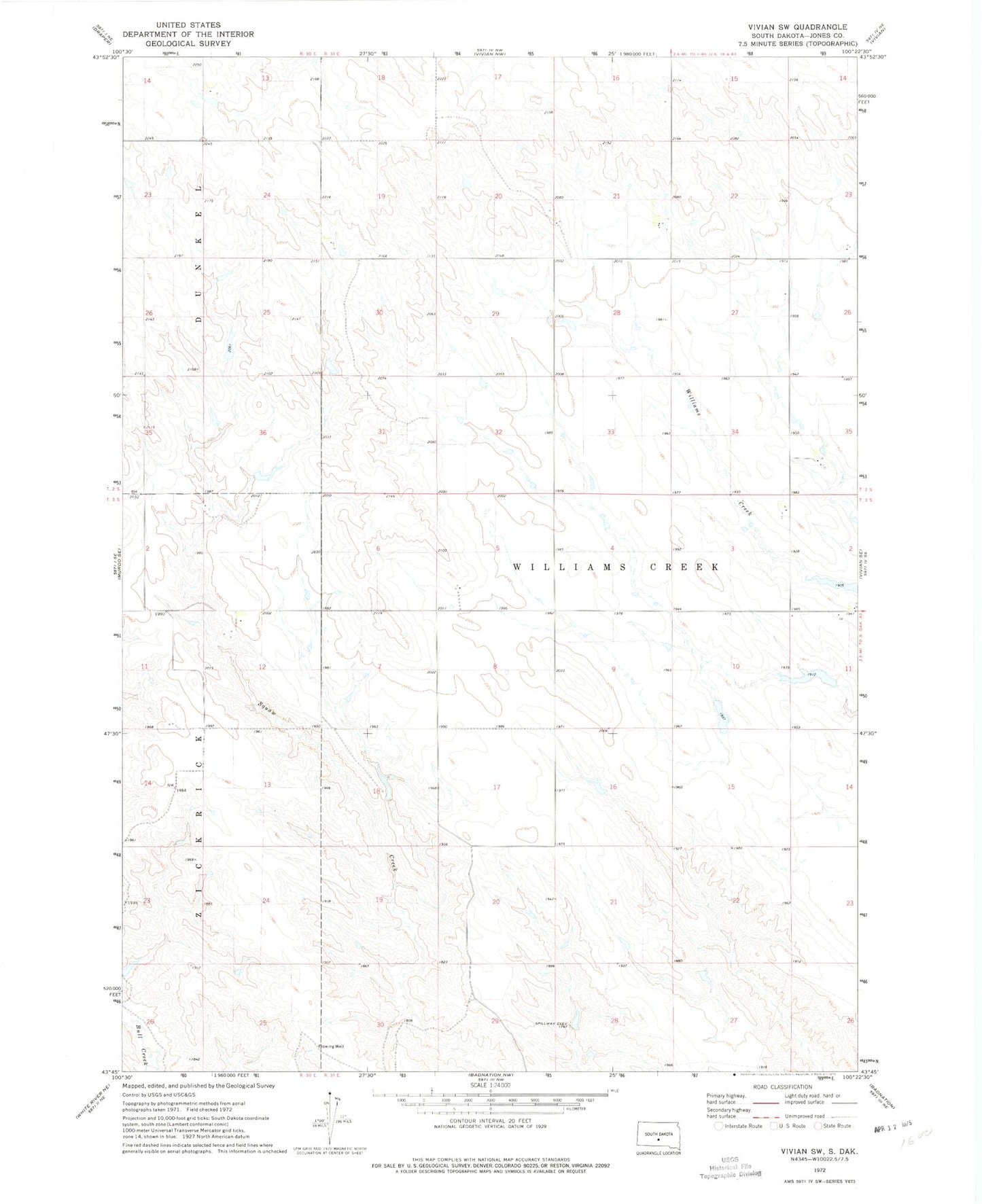 Classic USGS Vivian SW South Dakota 7.5'x7.5' Topo Map Image