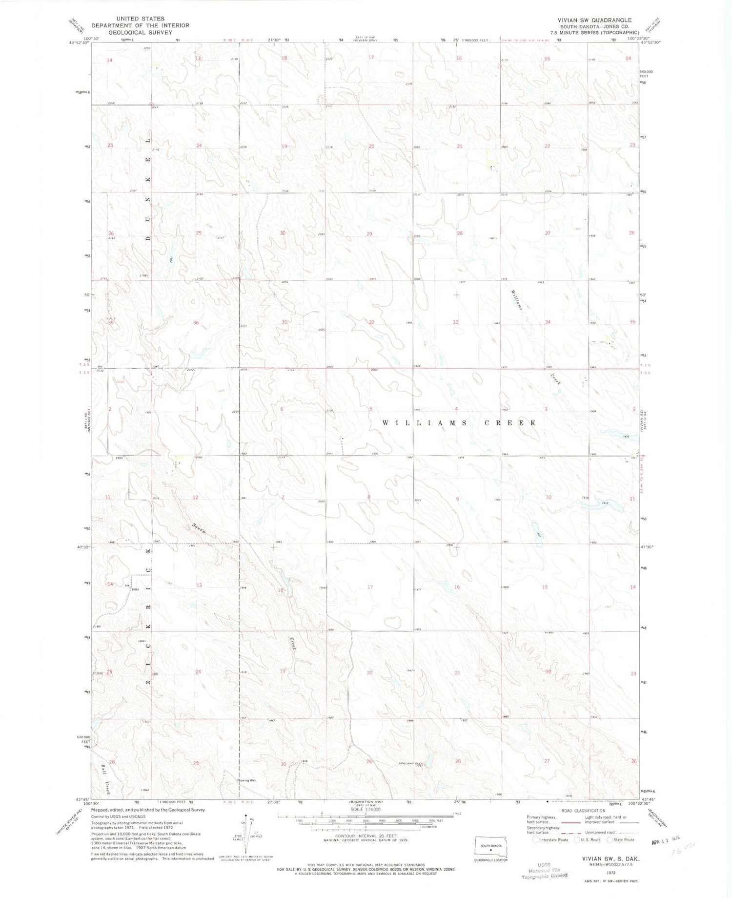 Classic USGS Vivian SW South Dakota 7.5'x7.5' Topo Map Image
