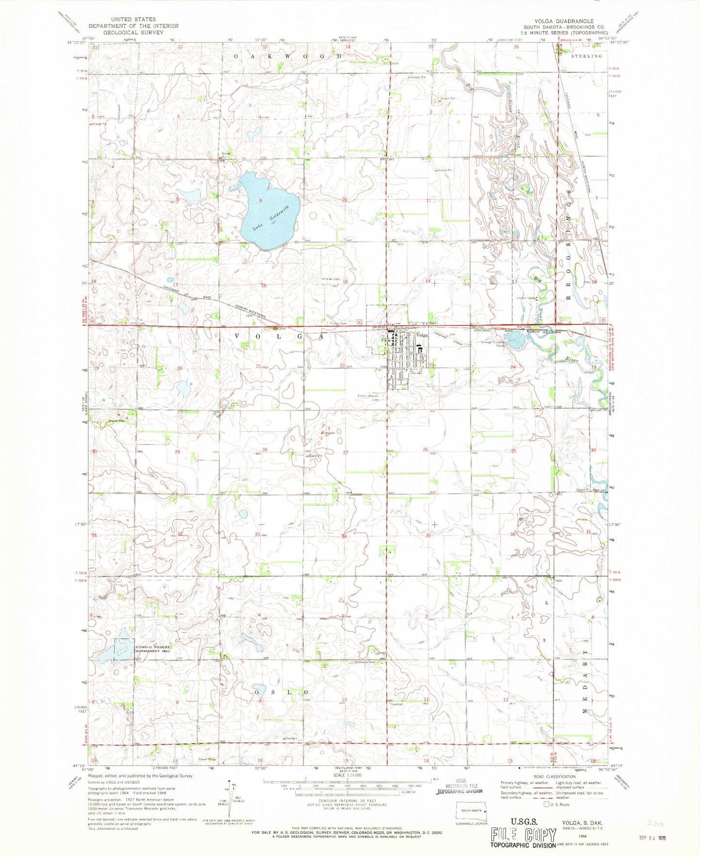 Classic USGS Volga South Dakota 7.5'x7.5' Topo Map Image