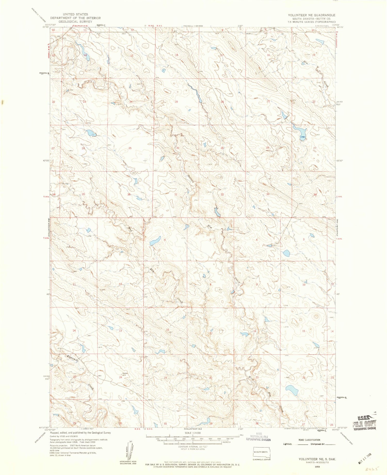 Classic USGS Volunteer NE South Dakota 7.5'x7.5' Topo Map Image