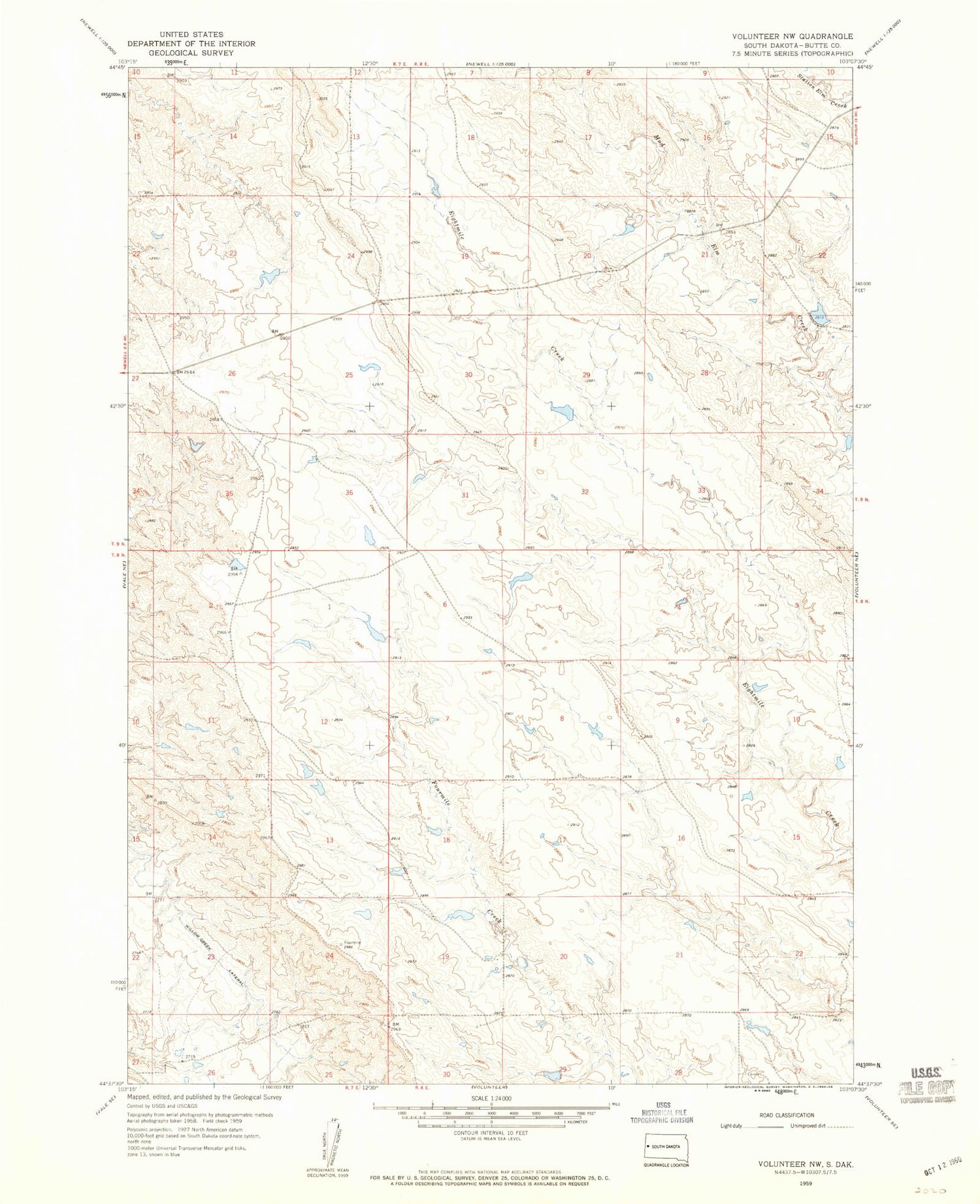 Classic USGS Volunteer NW South Dakota 7.5'x7.5' Topo Map Image
