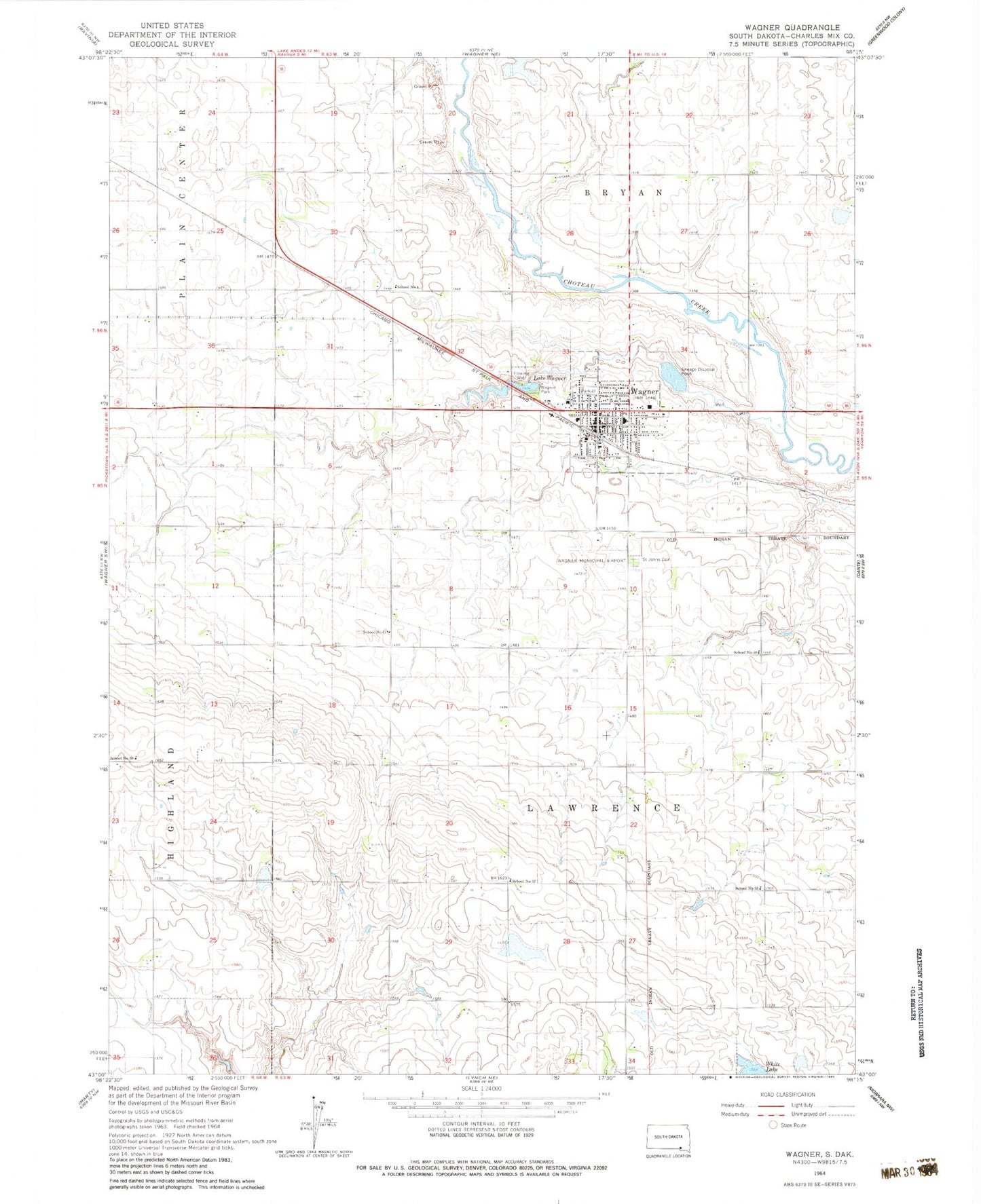 Classic USGS Wagner South Dakota 7.5'x7.5' Topo Map Image