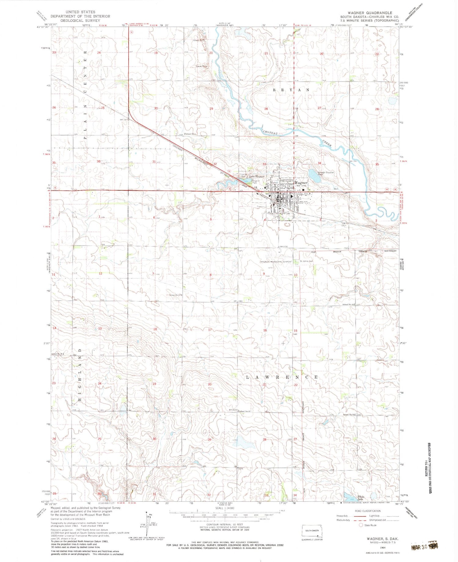 Classic USGS Wagner South Dakota 7.5'x7.5' Topo Map Image
