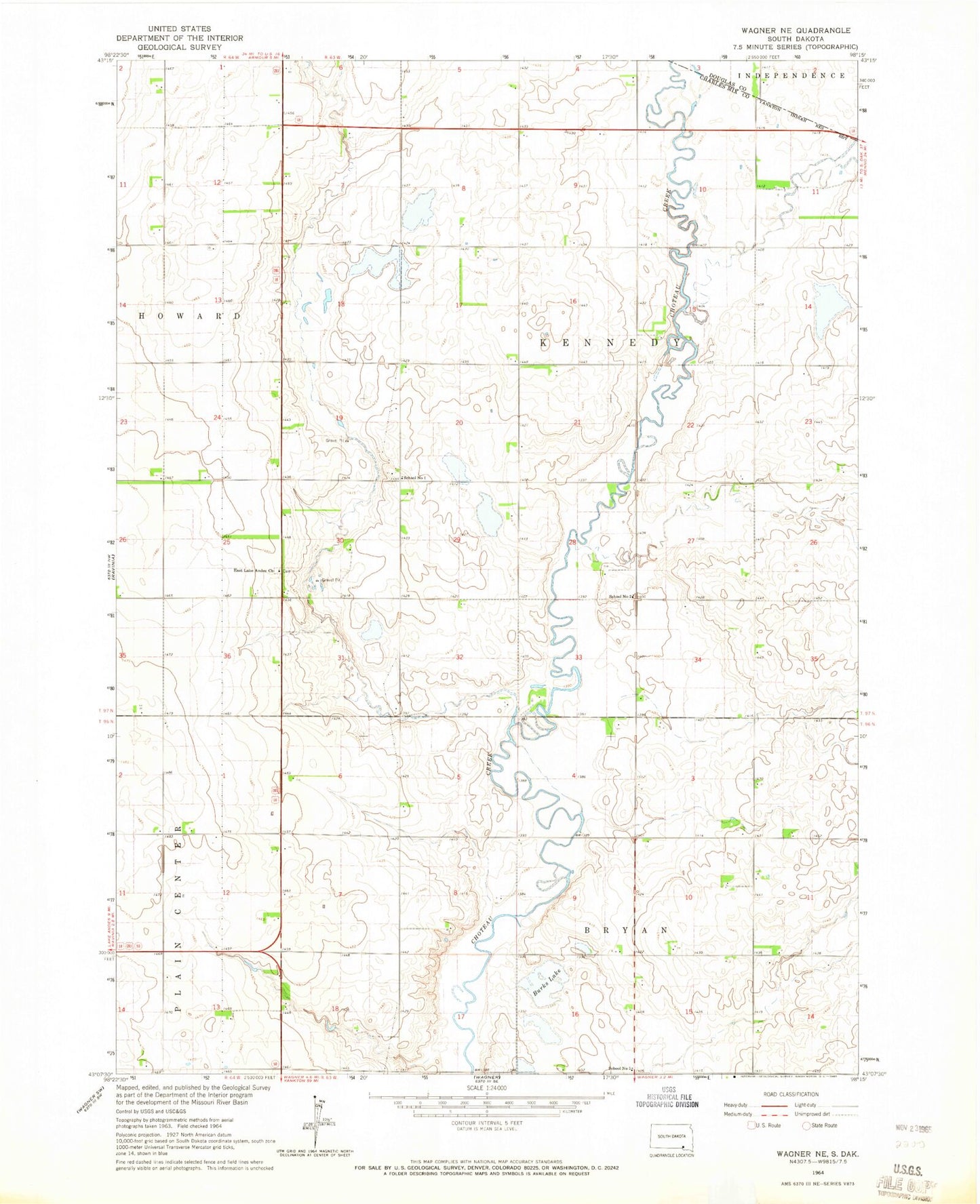 Classic USGS Wagner NE South Dakota 7.5'x7.5' Topo Map Image