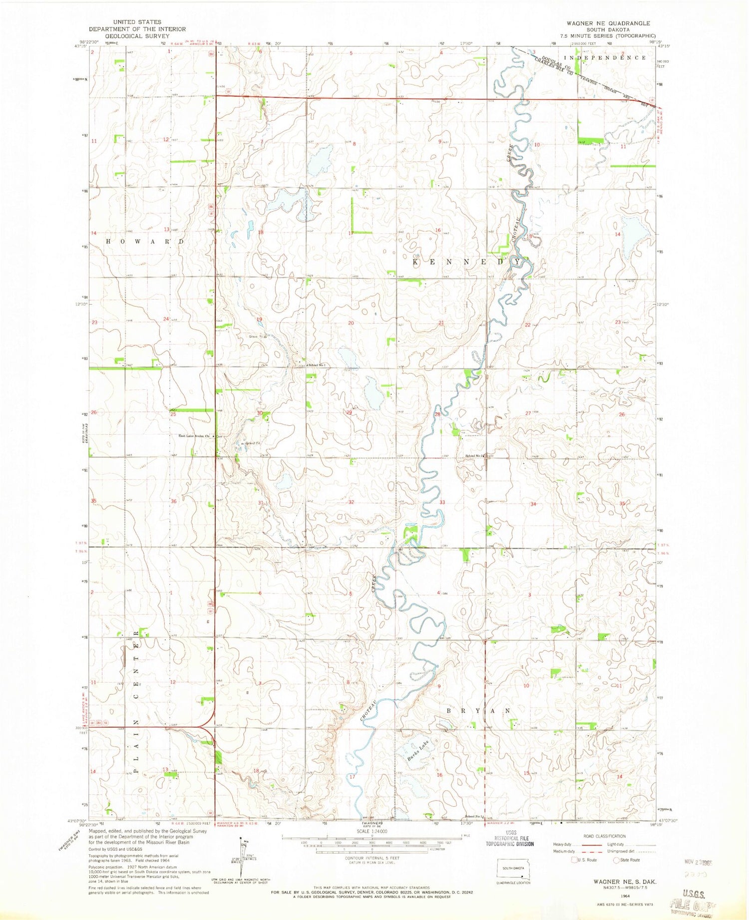 Classic USGS Wagner NE South Dakota 7.5'x7.5' Topo Map Image