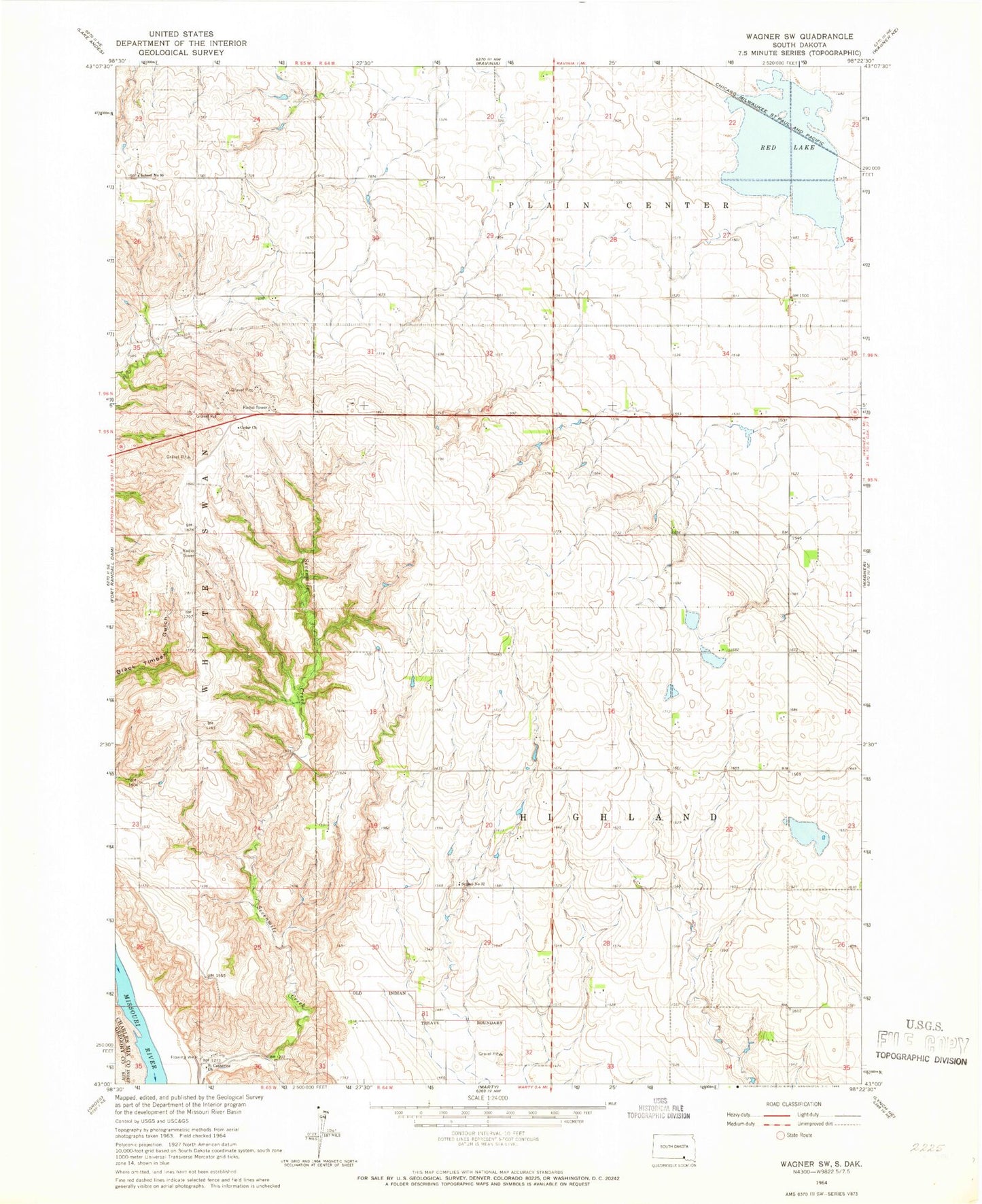 Classic USGS Wagner SW South Dakota 7.5'x7.5' Topo Map Image