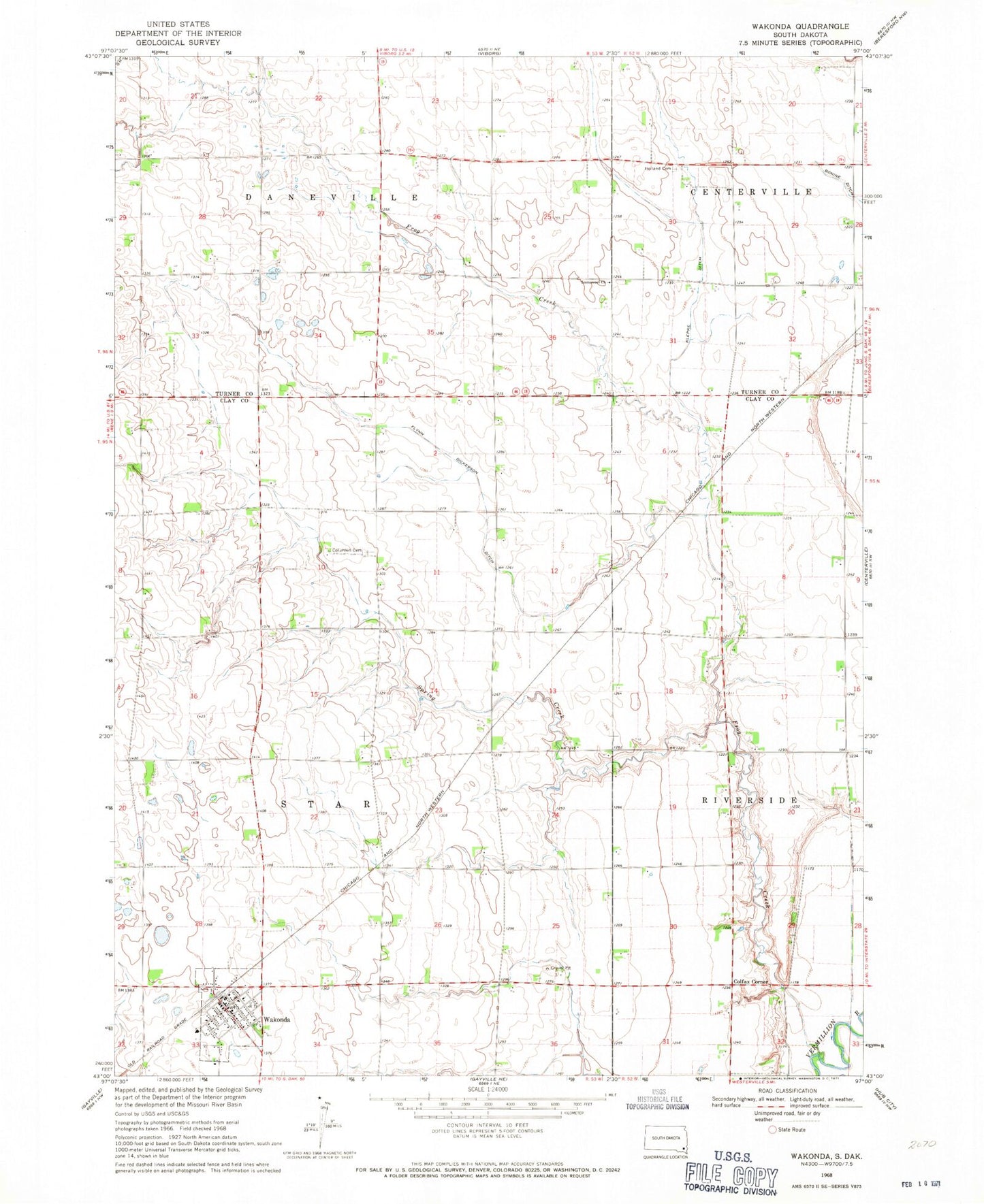 Classic USGS Wakonda South Dakota 7.5'x7.5' Topo Map Image