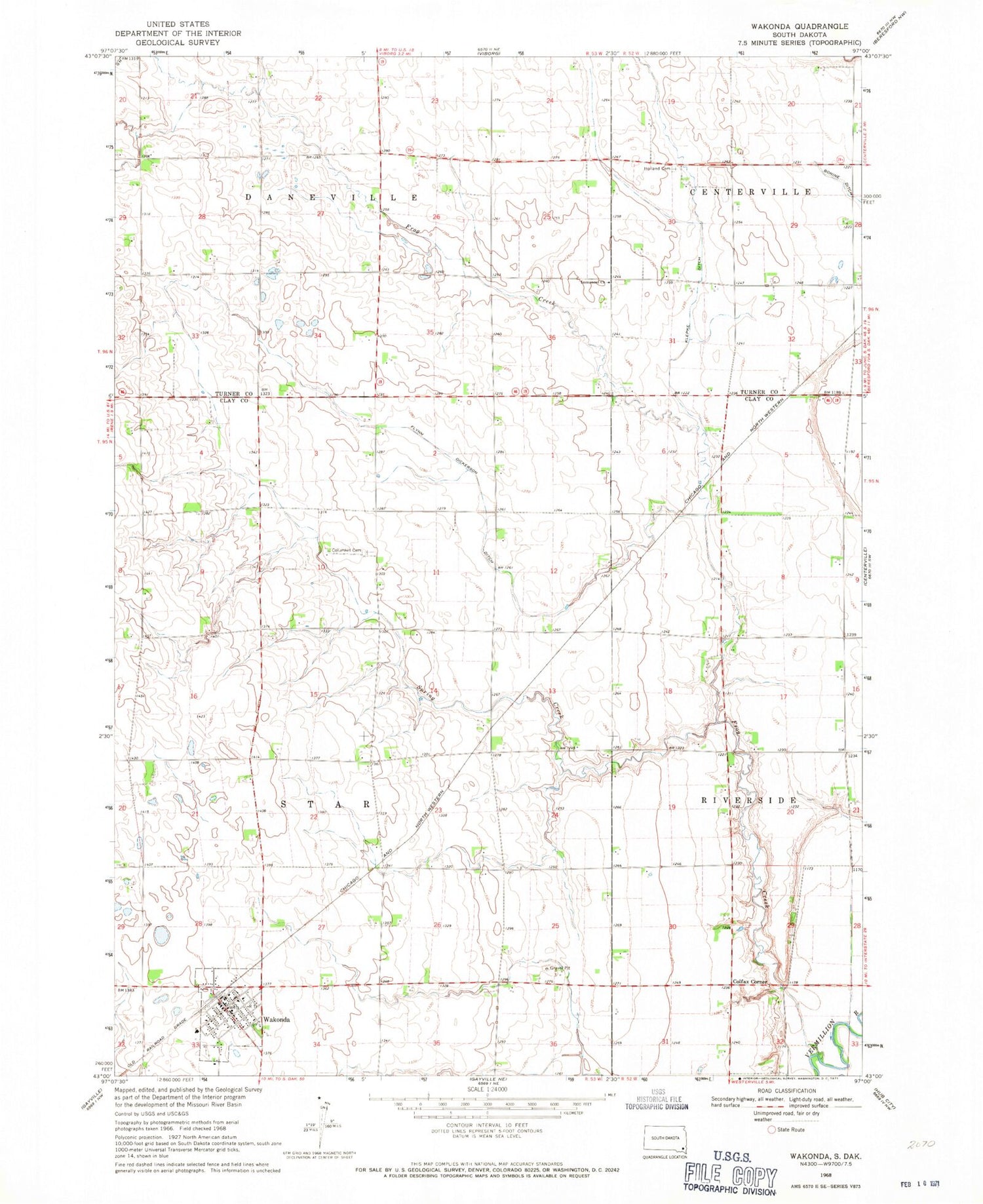 Classic USGS Wakonda South Dakota 7.5'x7.5' Topo Map Image