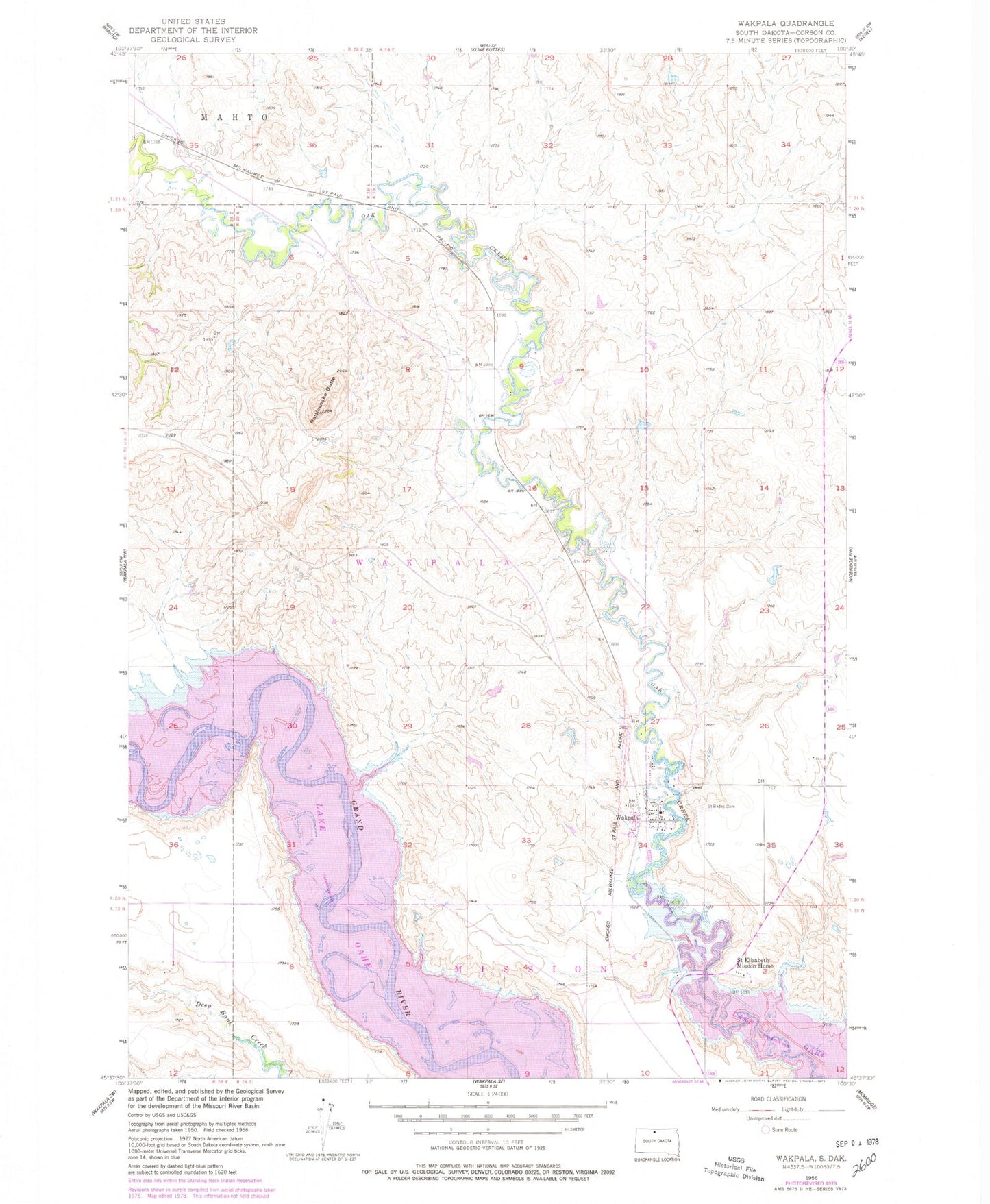 Classic USGS Wakpala South Dakota 7.5'x7.5' Topo Map Image