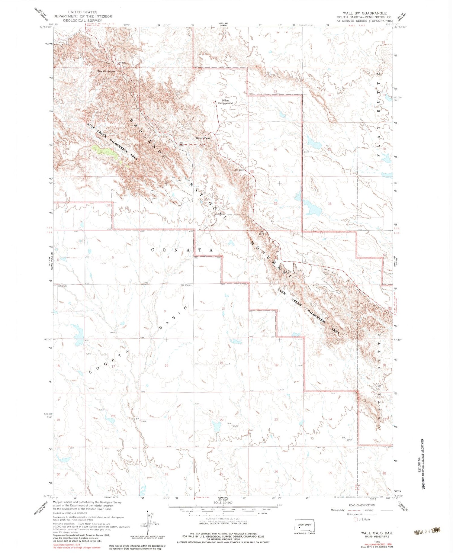 Classic USGS Wall SW South Dakota 7.5'x7.5' Topo Map Image