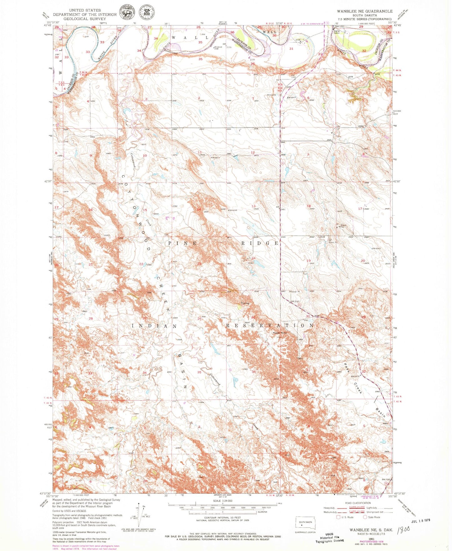 Classic USGS Wanblee NE South Dakota 7.5'x7.5' Topo Map Image