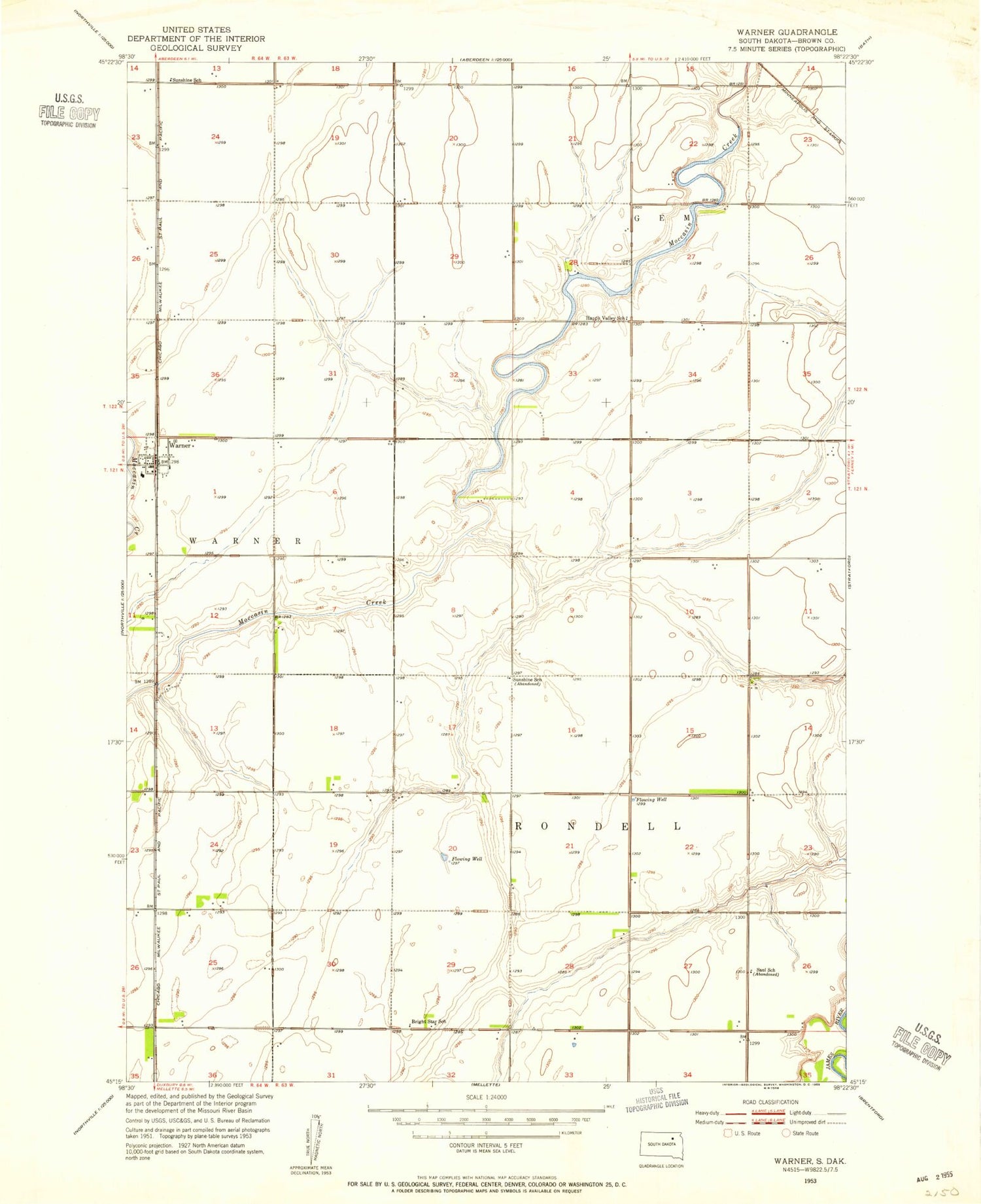 Classic USGS Warner South Dakota 7.5'x7.5' Topo Map Image
