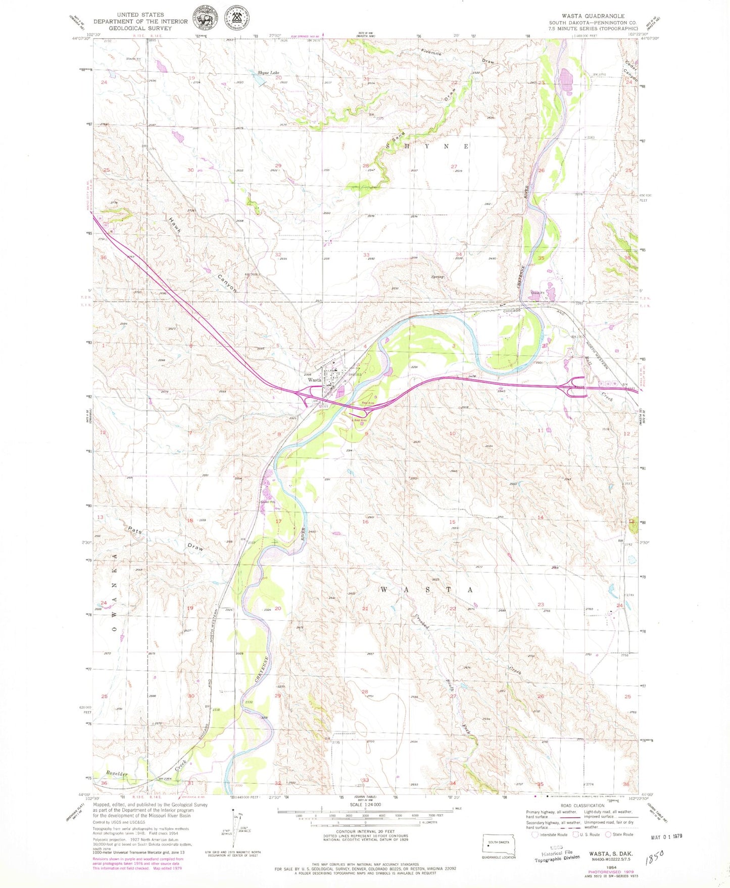 Classic USGS Wasta South Dakota 7.5'x7.5' Topo Map Image