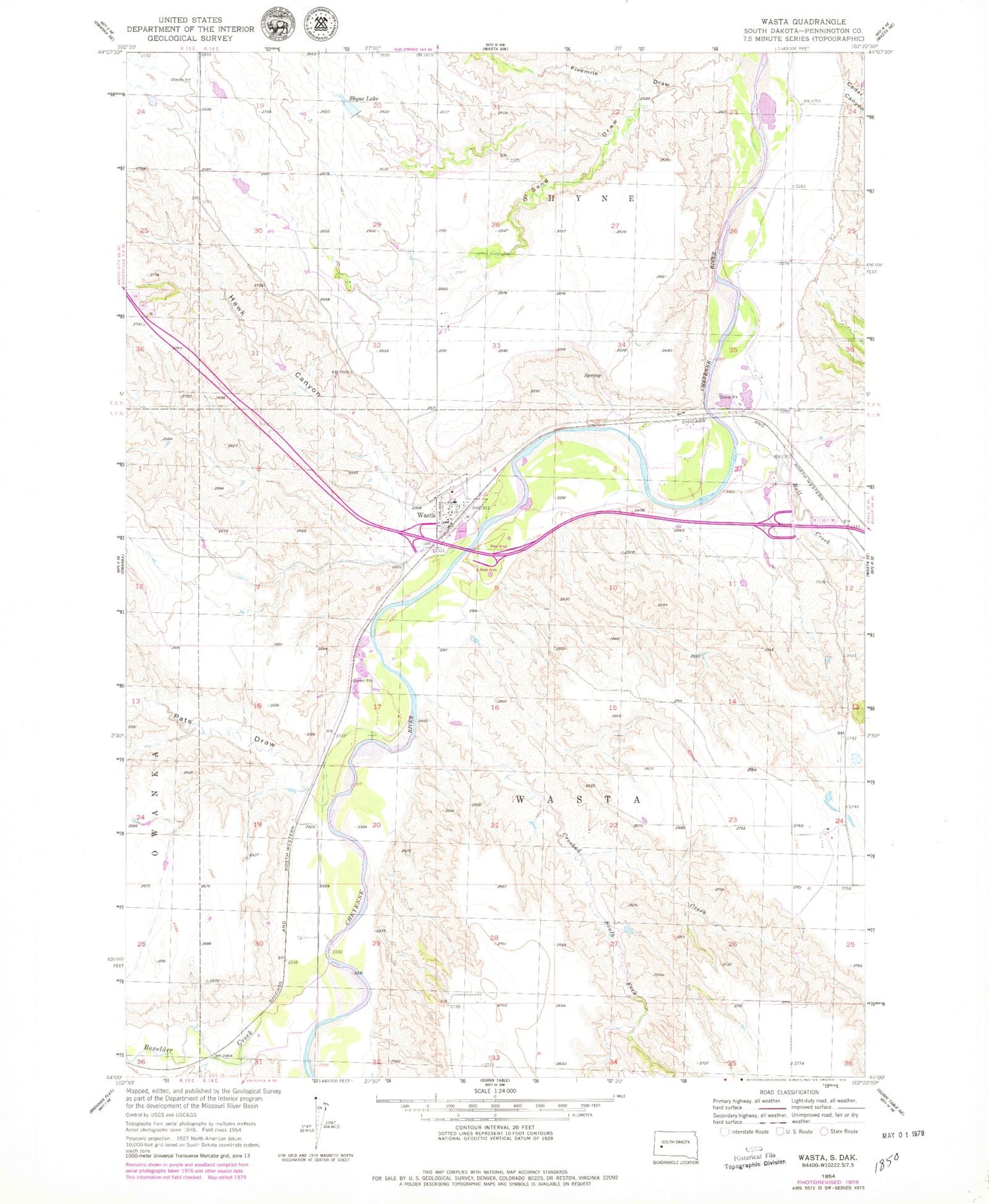 Classic USGS Wasta South Dakota 7.5'x7.5' Topo Map Image