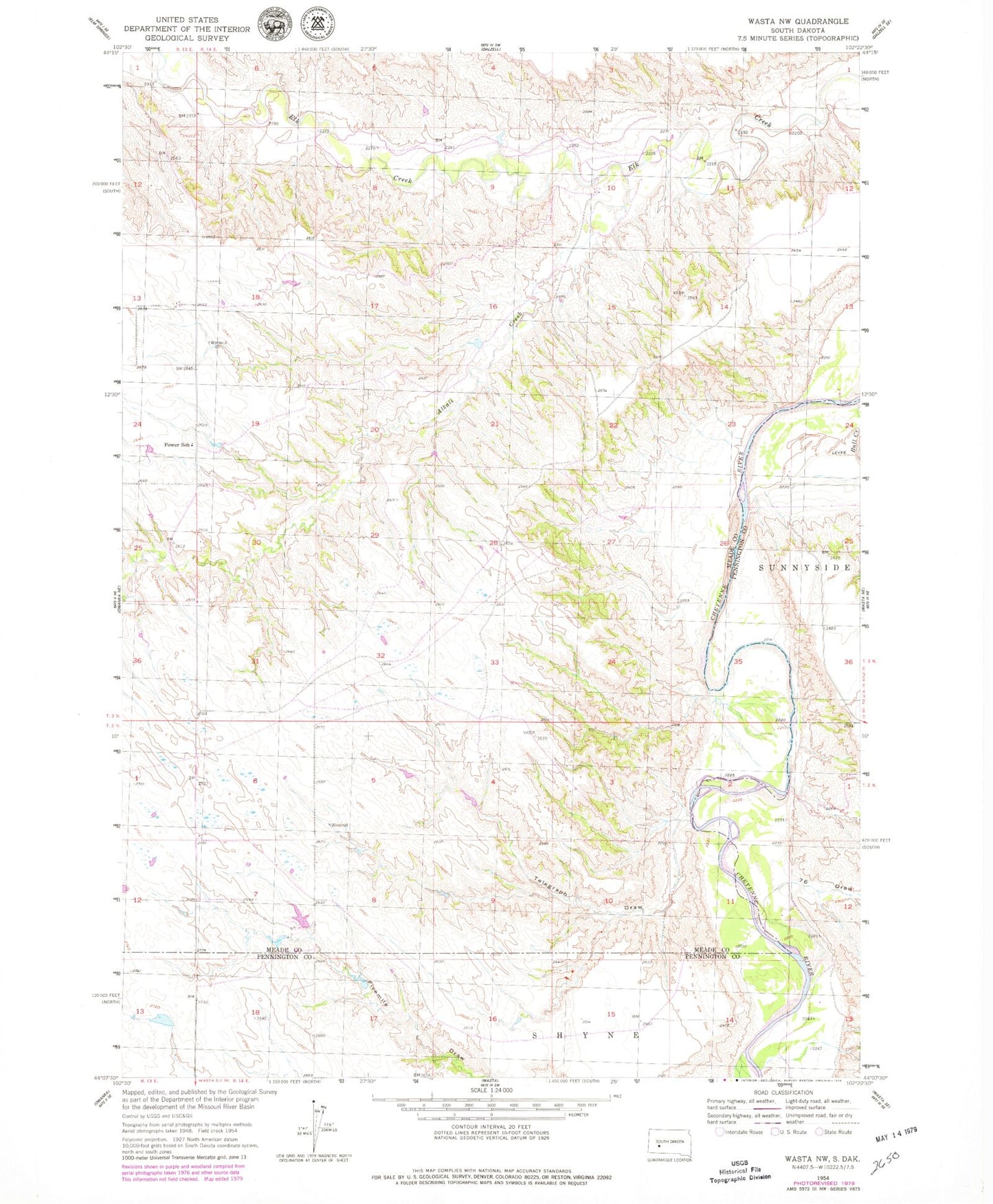 Classic USGS Wasta NW South Dakota 7.5'x7.5' Topo Map Image
