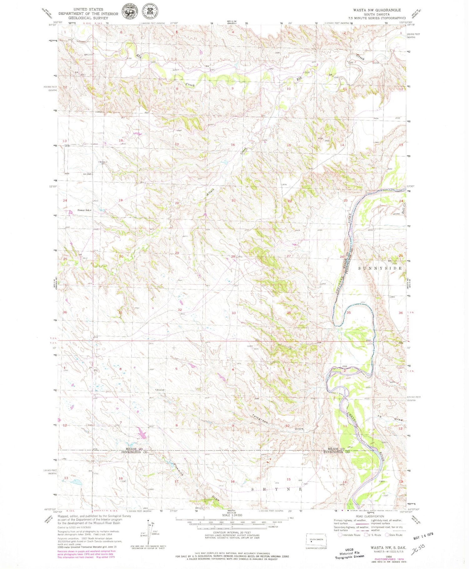 Classic USGS Wasta NW South Dakota 7.5'x7.5' Topo Map Image