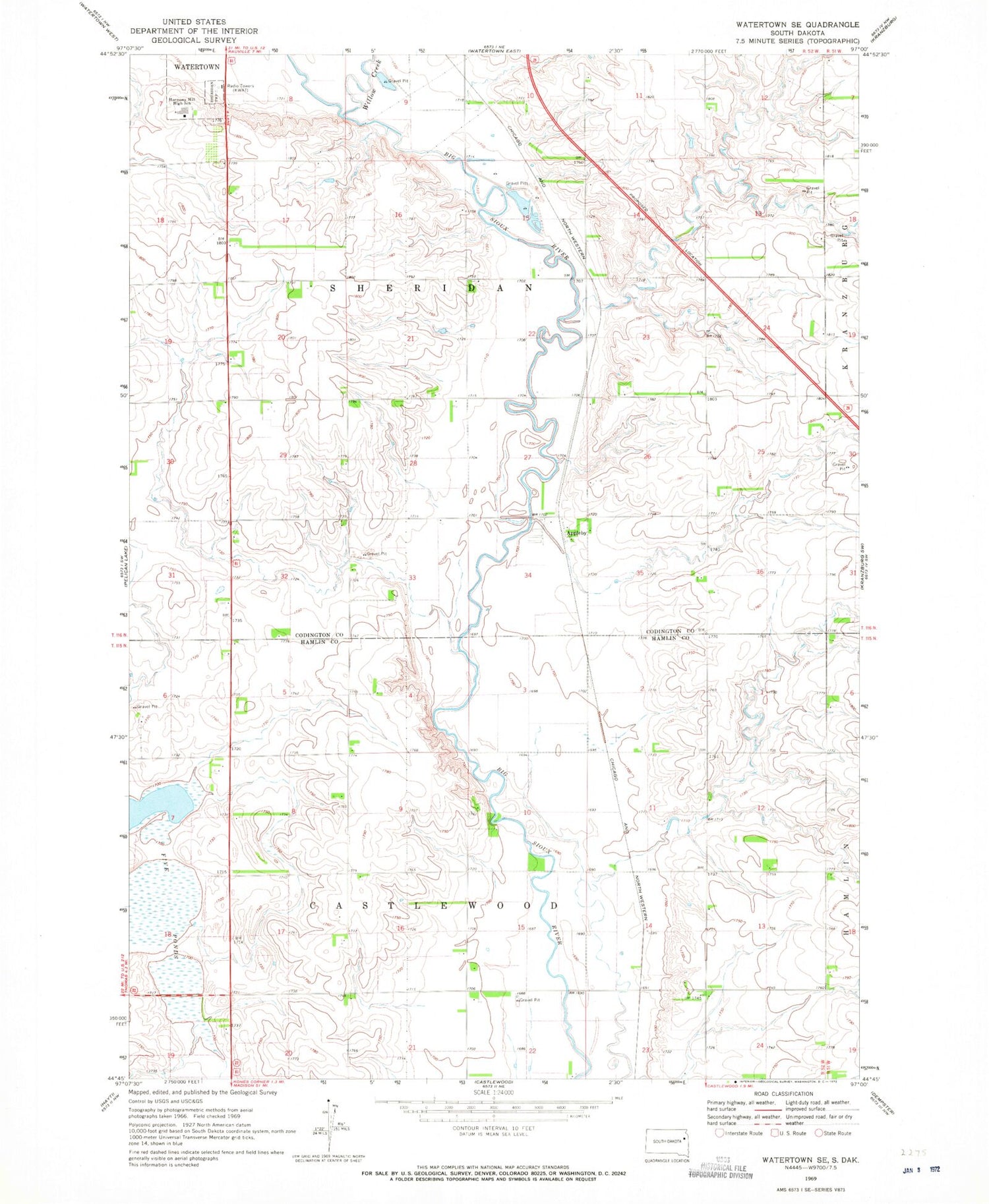 Classic USGS Watertown SE South Dakota 7.5'x7.5' Topo Map Image