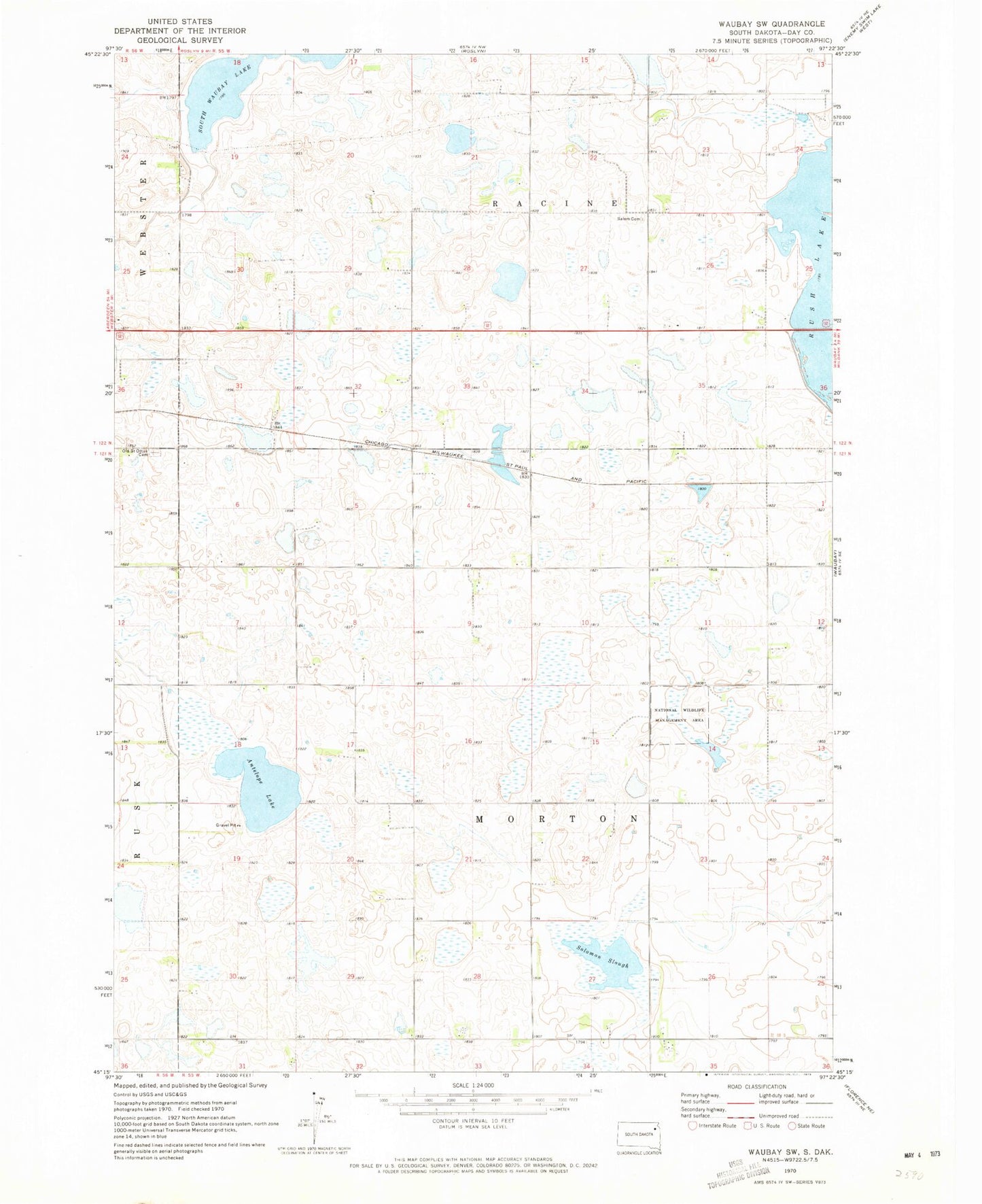 Classic USGS Waubay SW South Dakota 7.5'x7.5' Topo Map Image