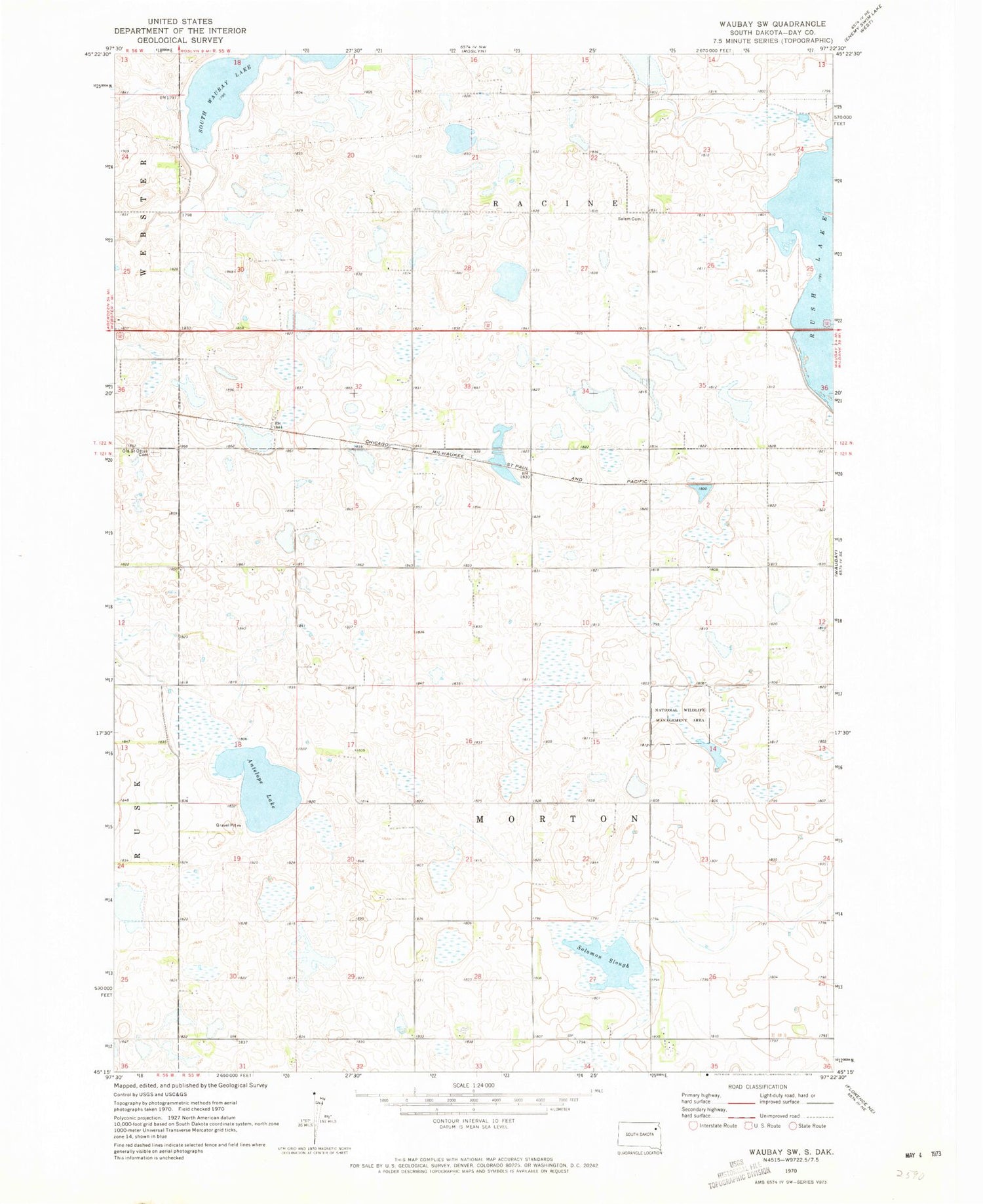 Classic USGS Waubay SW South Dakota 7.5'x7.5' Topo Map Image
