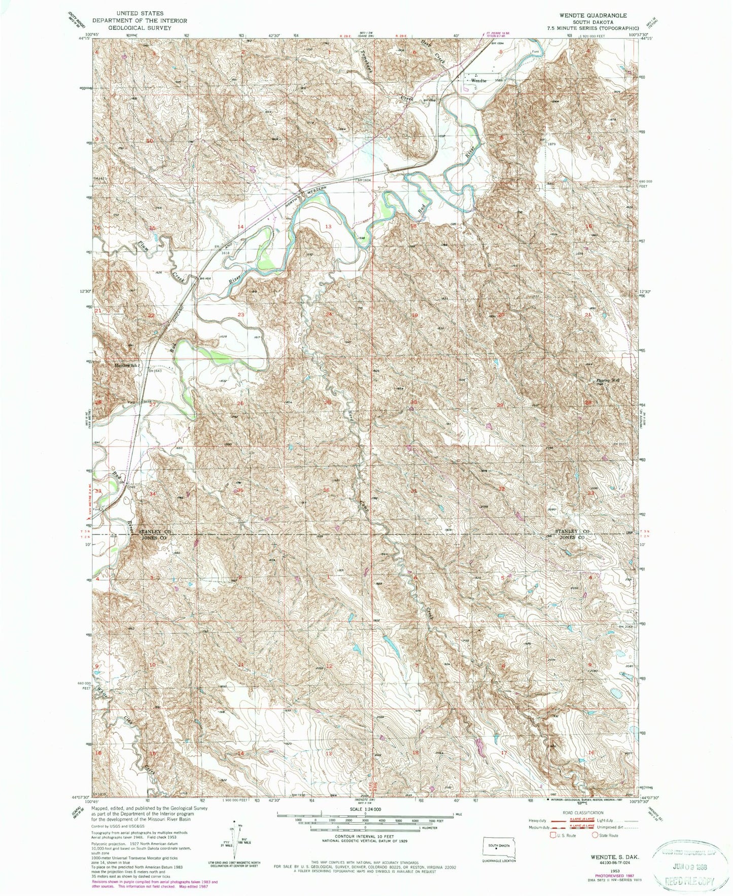 Classic USGS Wendte South Dakota 7.5'x7.5' Topo Map Image