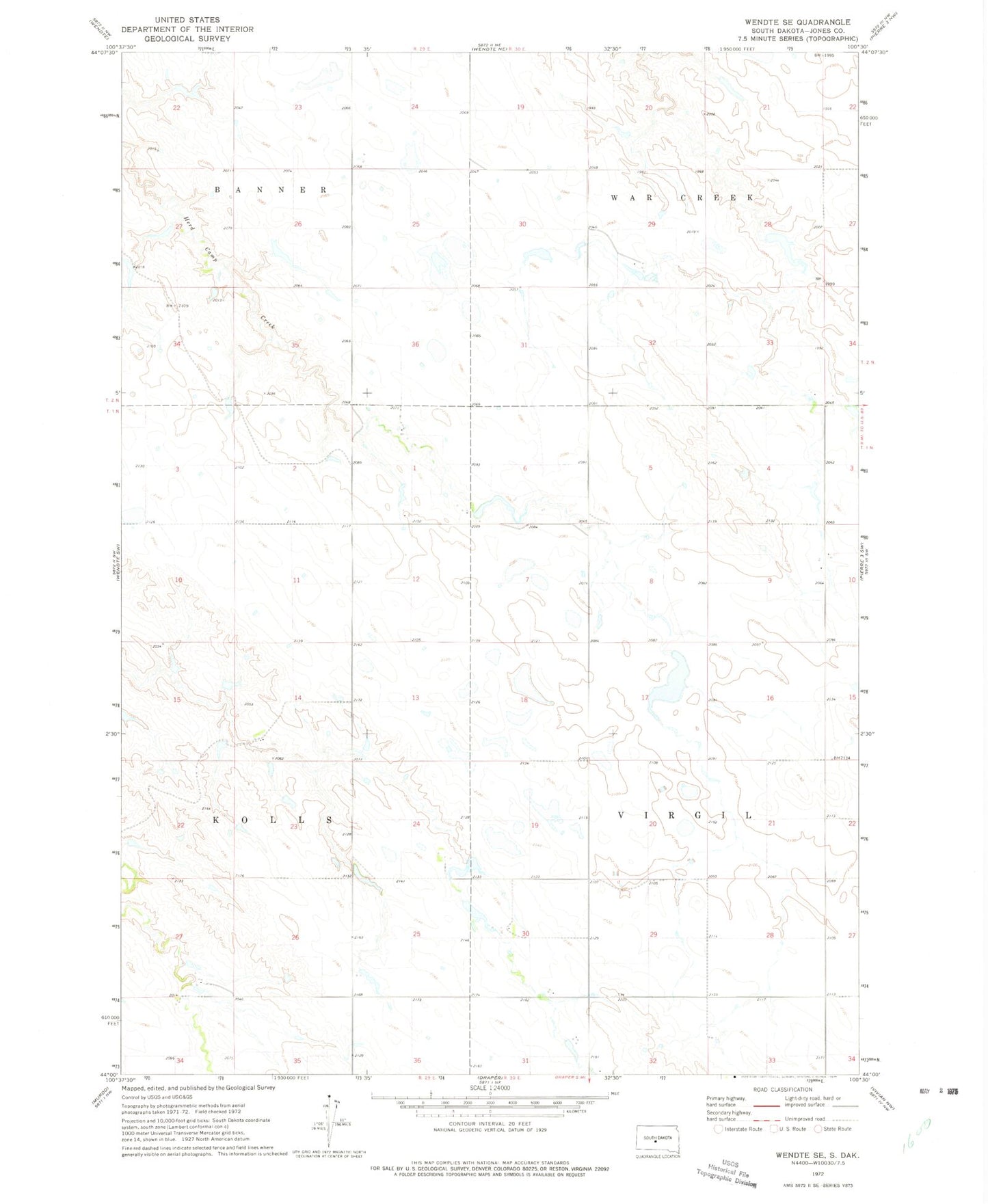 Classic USGS Wendte SE South Dakota 7.5'x7.5' Topo Map Image