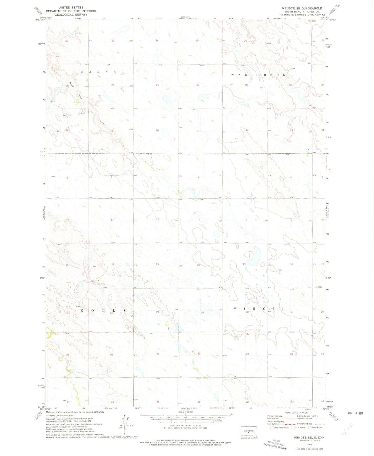 Classic USGS Wendte SE South Dakota 7.5'x7.5' Topo Map Image