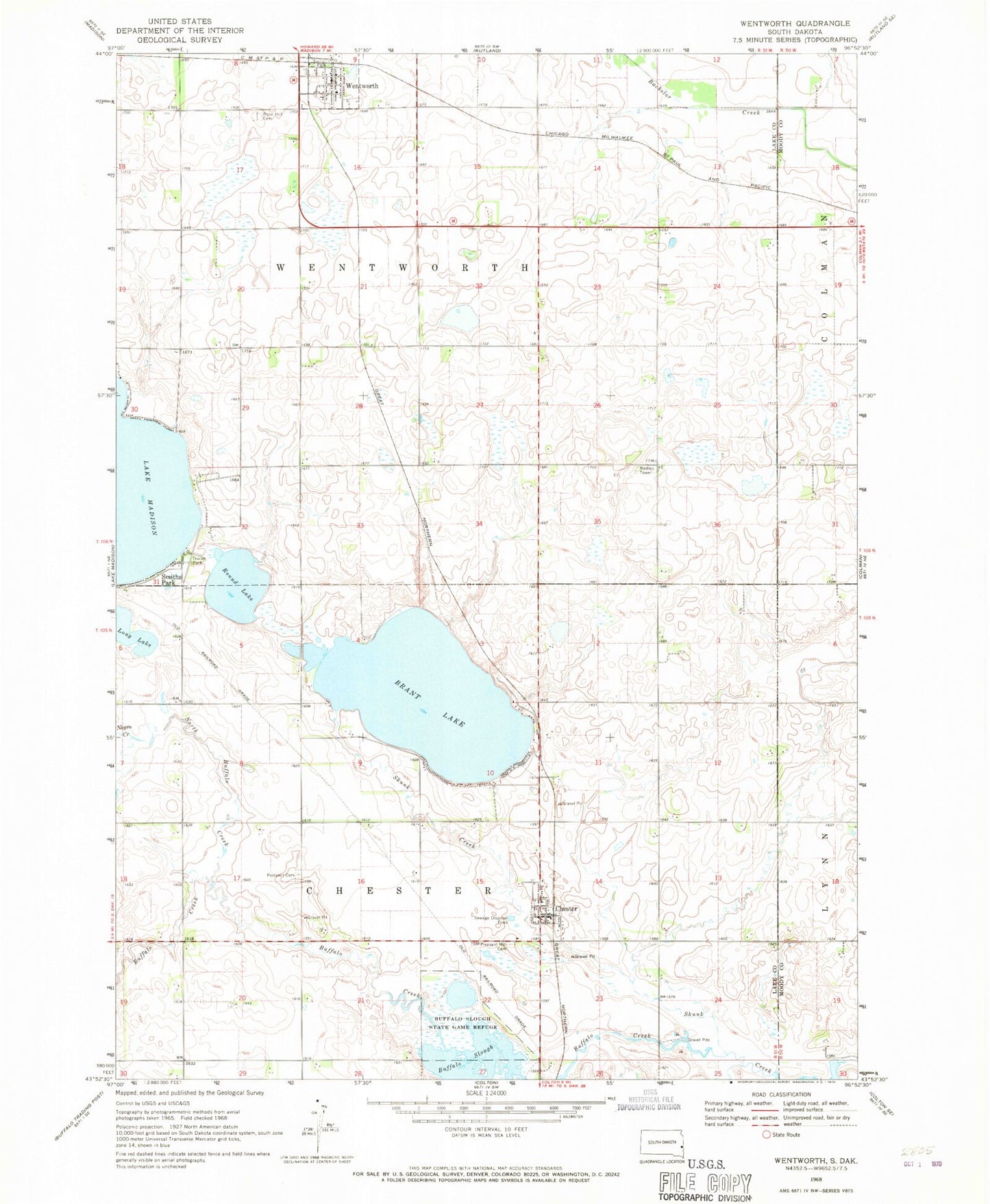 Classic USGS Wentworth South Dakota 7.5'x7.5' Topo Map Image