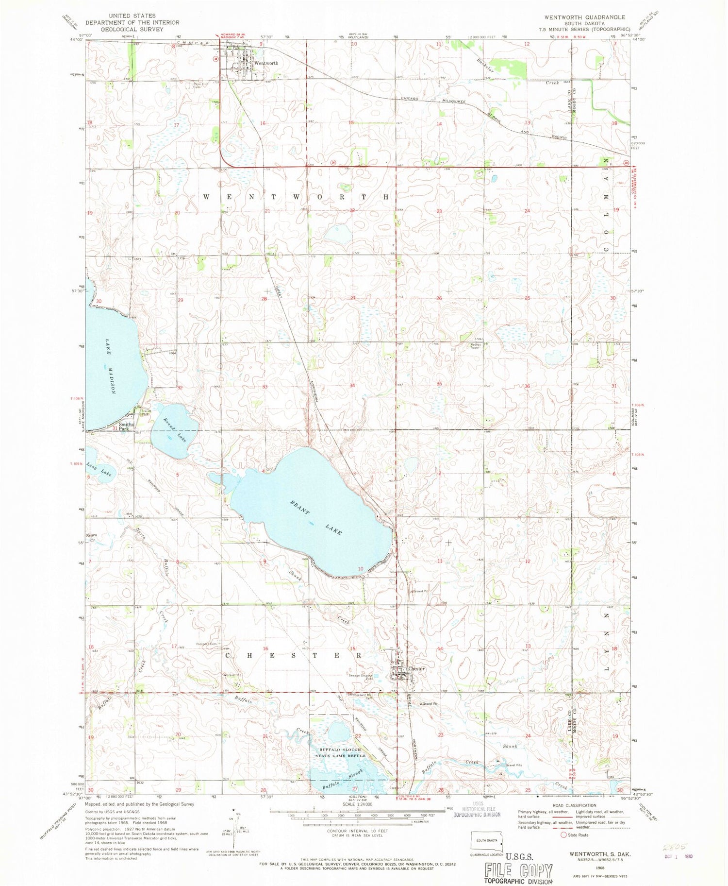 Classic USGS Wentworth South Dakota 7.5'x7.5' Topo Map Image
