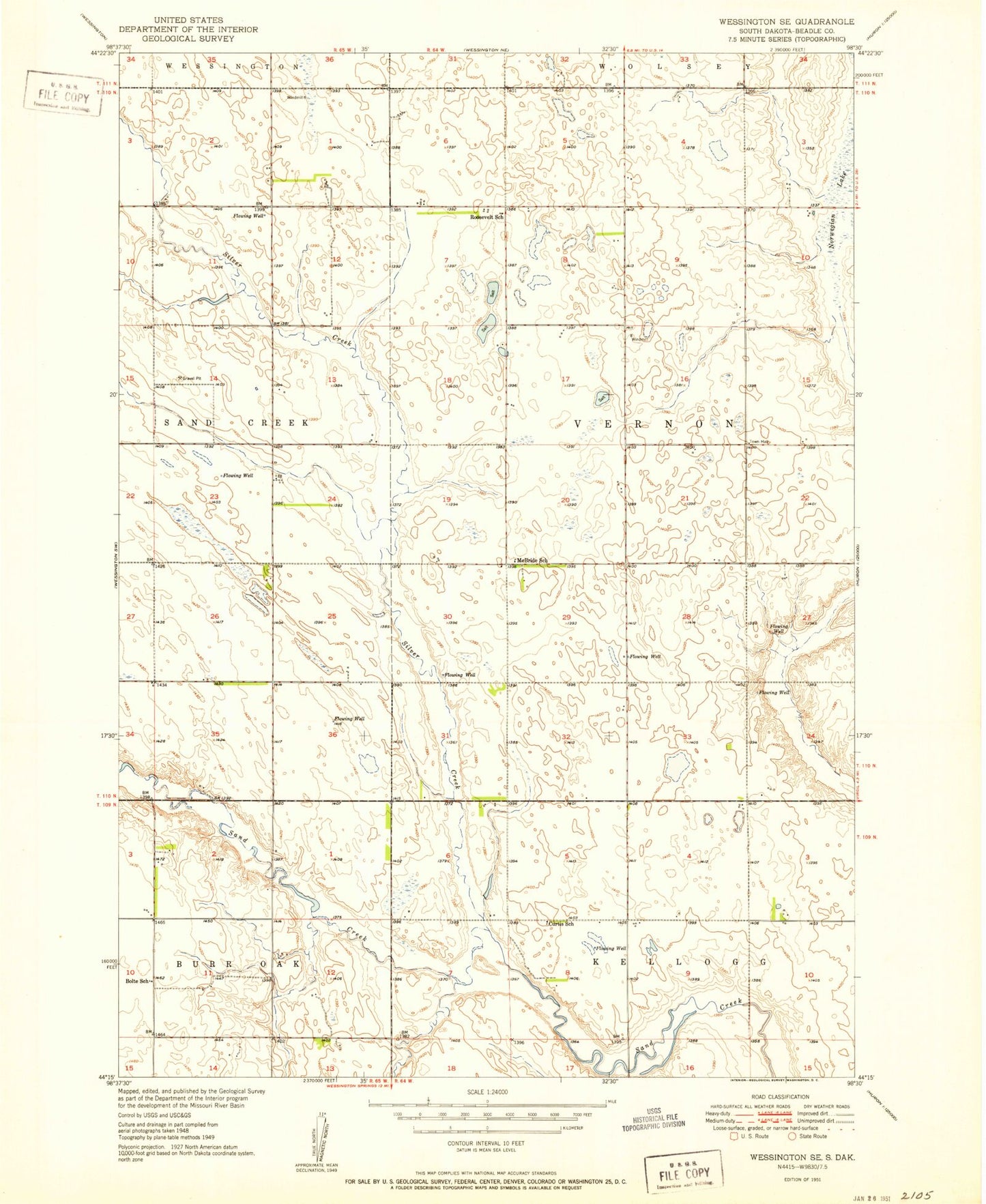 Classic USGS Wessington SE South Dakota 7.5'x7.5' Topo Map Image