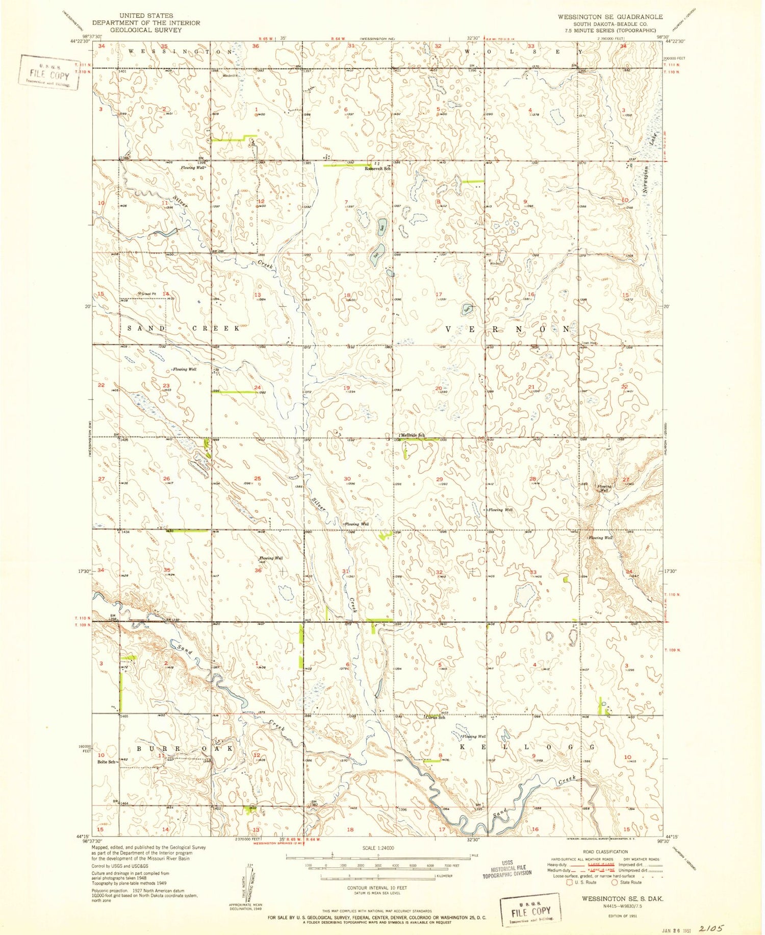 Classic USGS Wessington SE South Dakota 7.5'x7.5' Topo Map Image